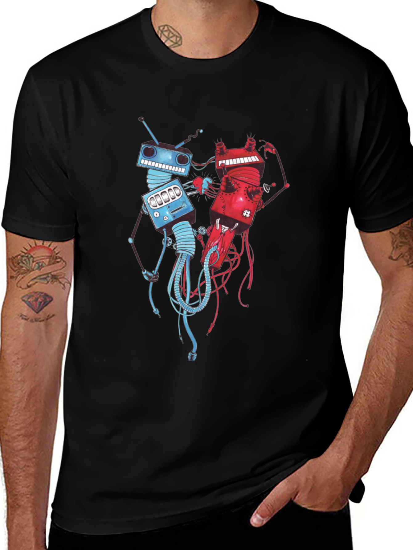 Robots Fighting Black T-Shirt