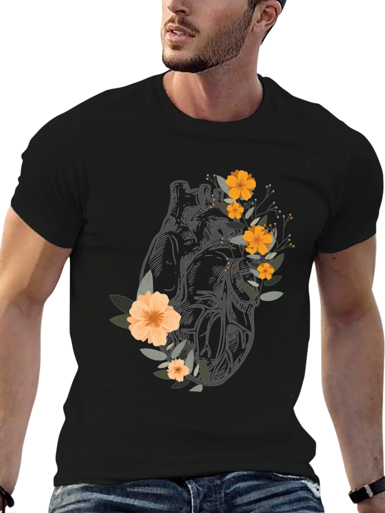 Anatomical Heart Floral Graphic Tee - Black