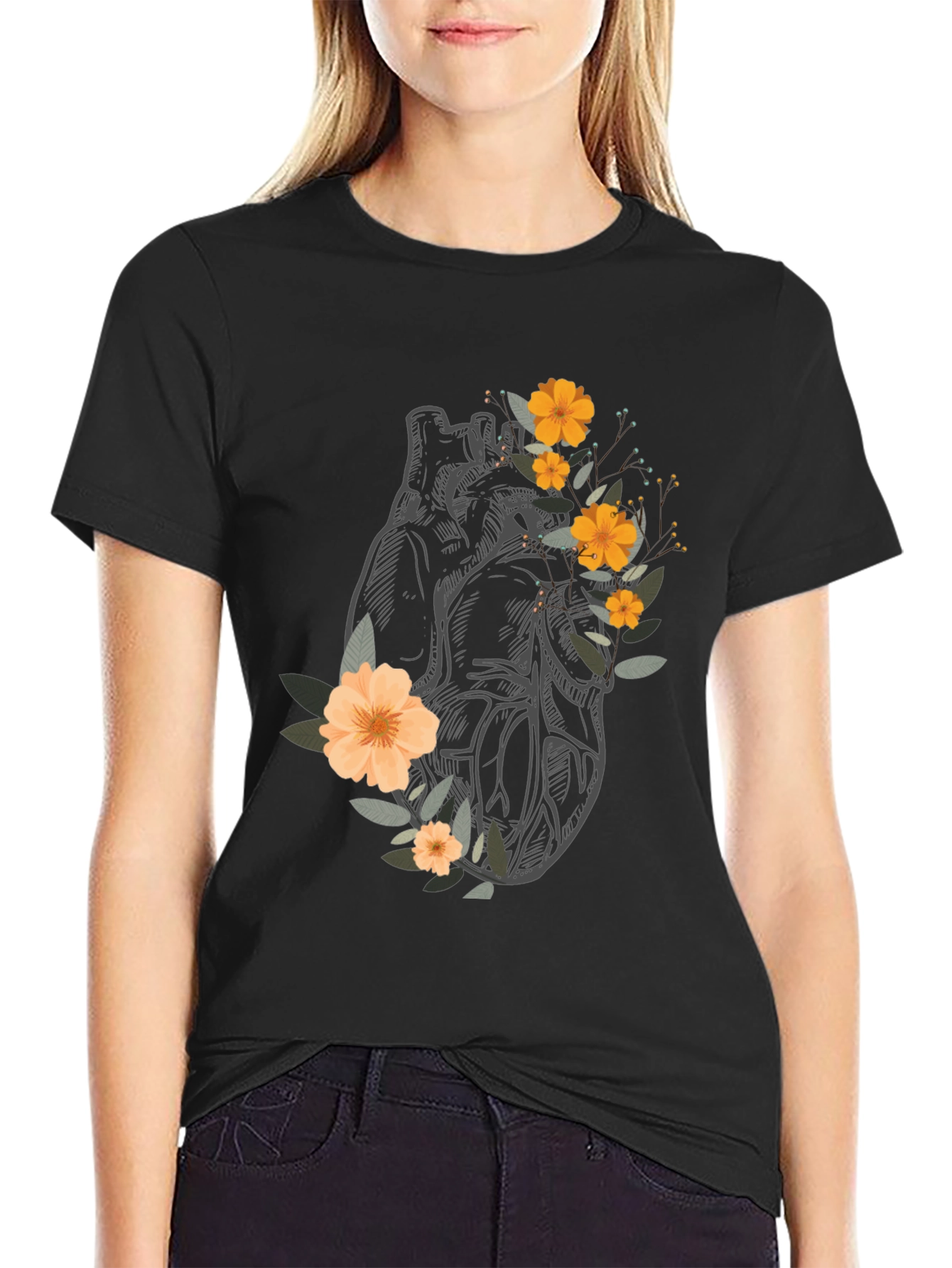 Anatomical Heart Floral Graphic Tee - Black