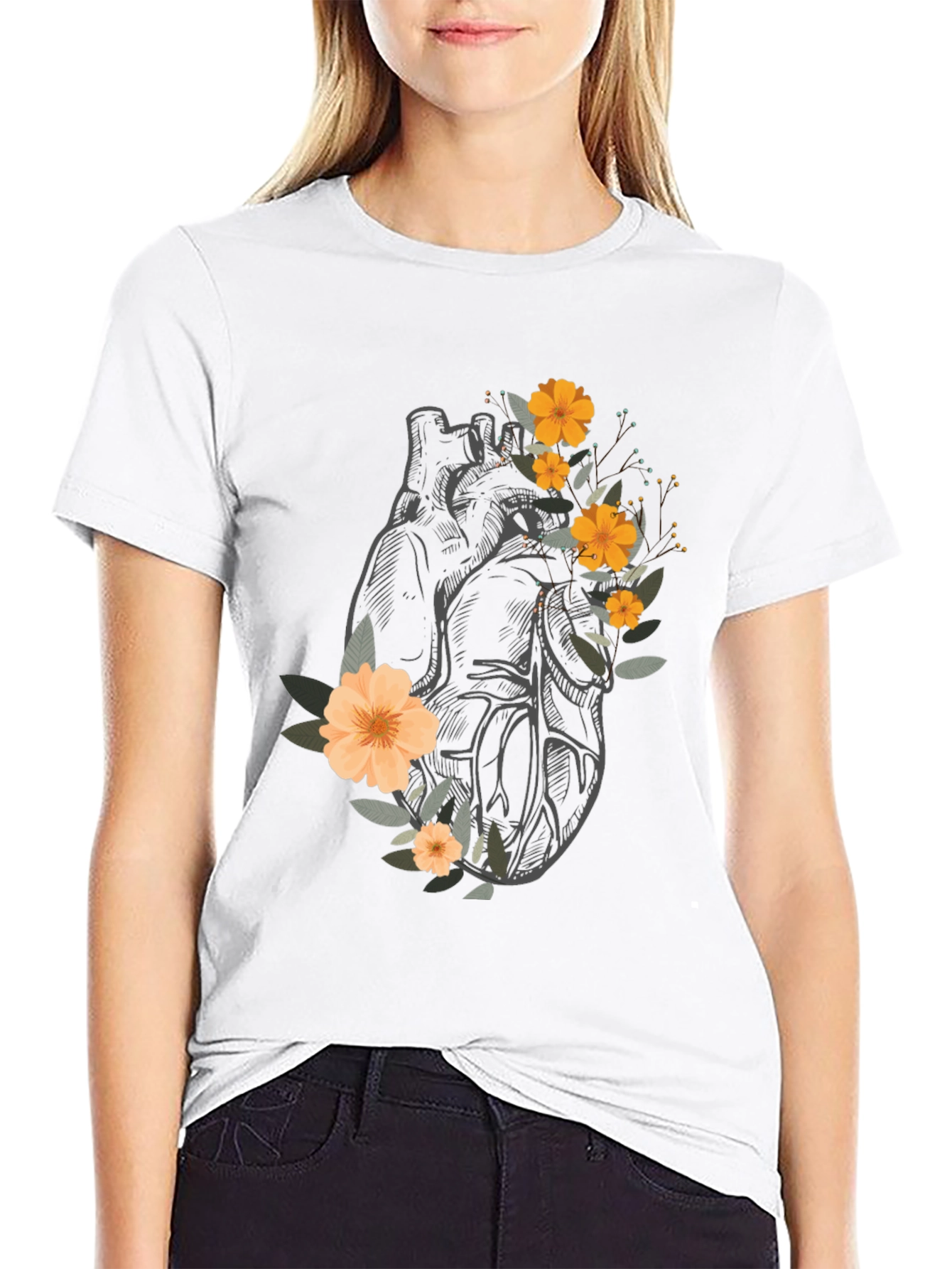 Anatomical Heart Floral Graphic Tee - Black