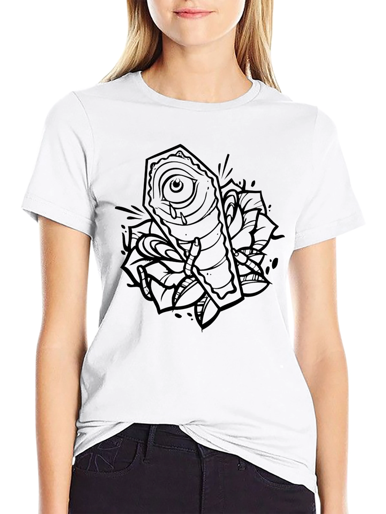 Edgy Coffin Eye Rose Graphic Tee - Black