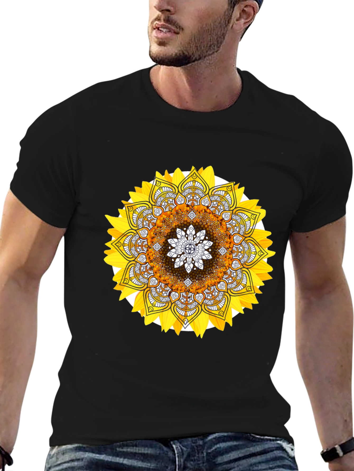Sunflower Mandala Graphic Tee - Stylish Black T-Shirt