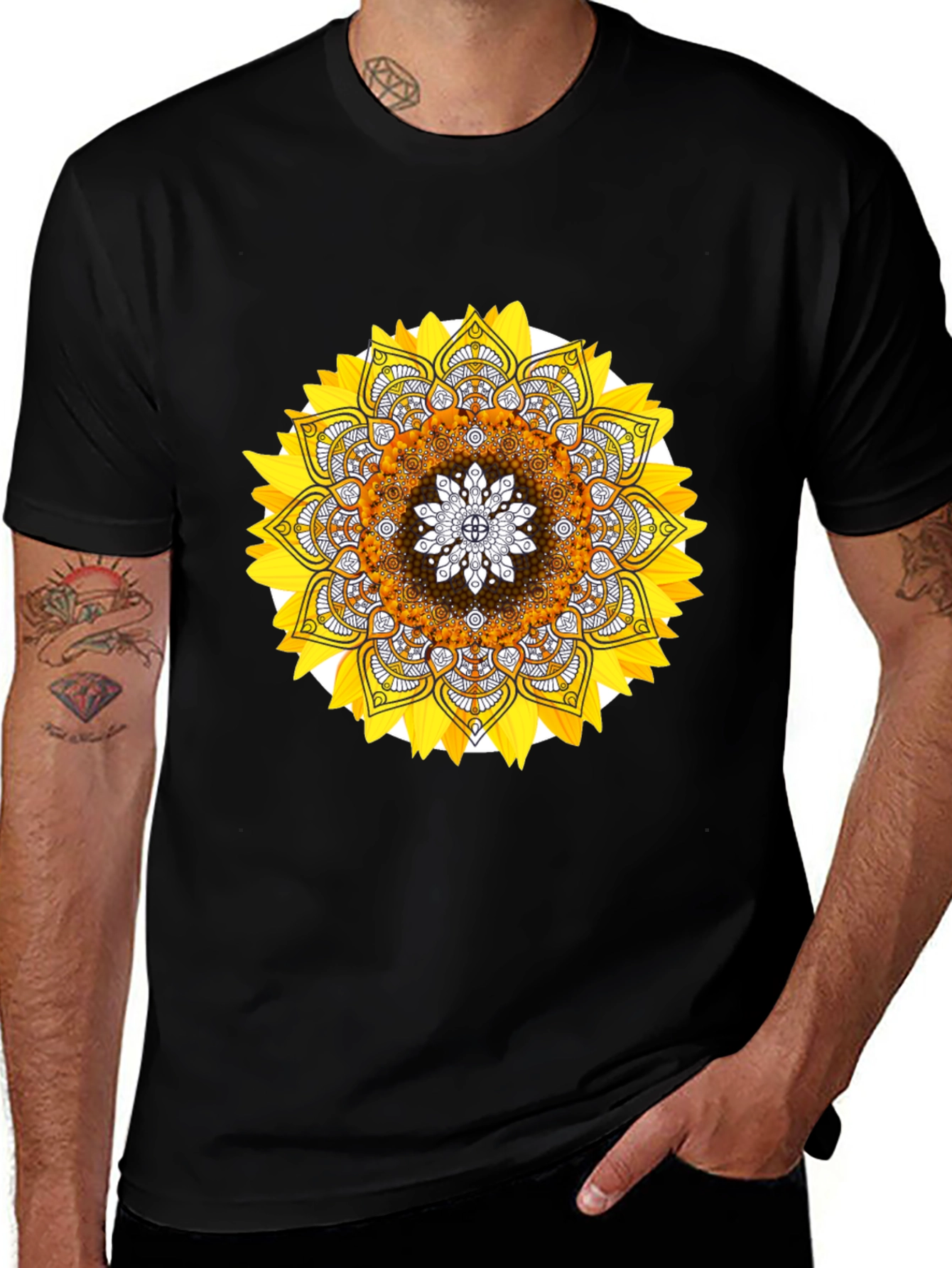 Sunflower Mandala Graphic Tee - Stylish Black T-Shirt