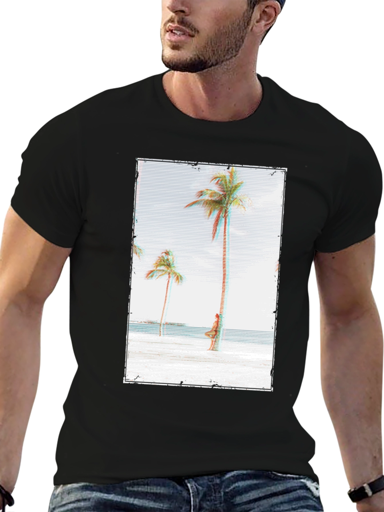Tropical Beach Palm Tree Graphic Black T-Shirt