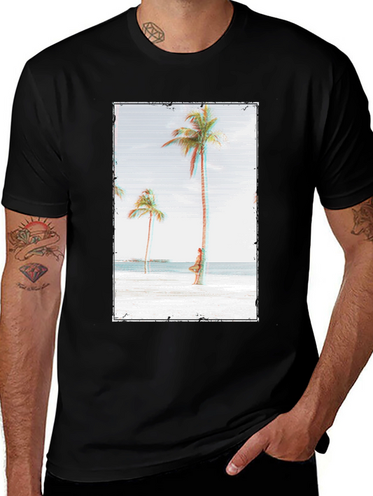 Tropical Beach Palm Tree Graphic Black T-Shirt