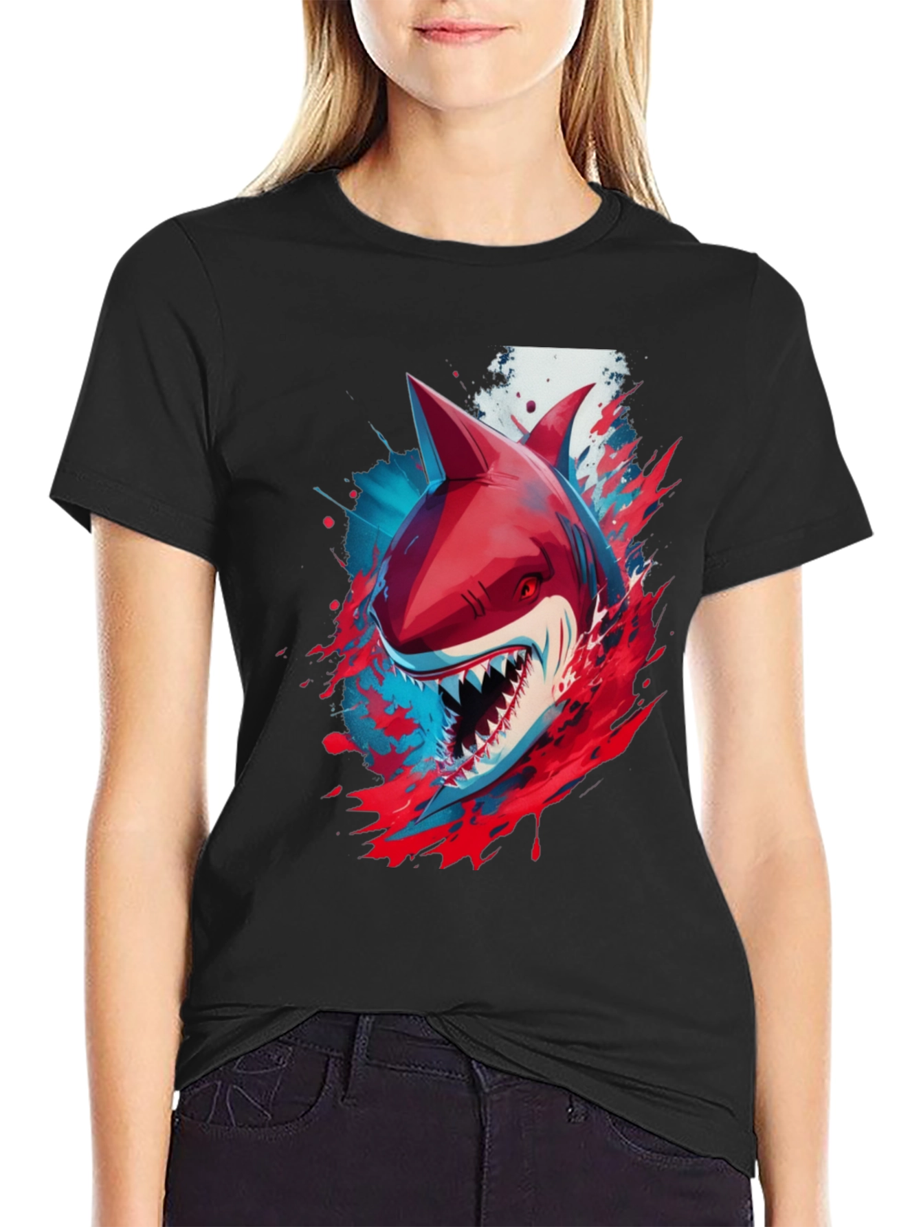 Shark Graphic Print T-Shirt - Black