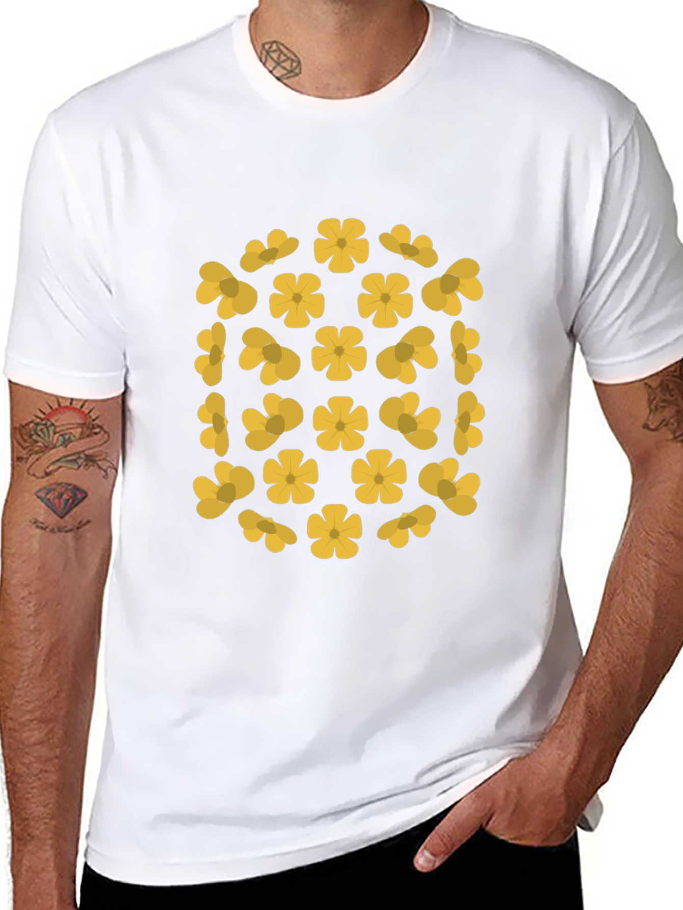 Black T-Shirt with Yellow Flower Pattern