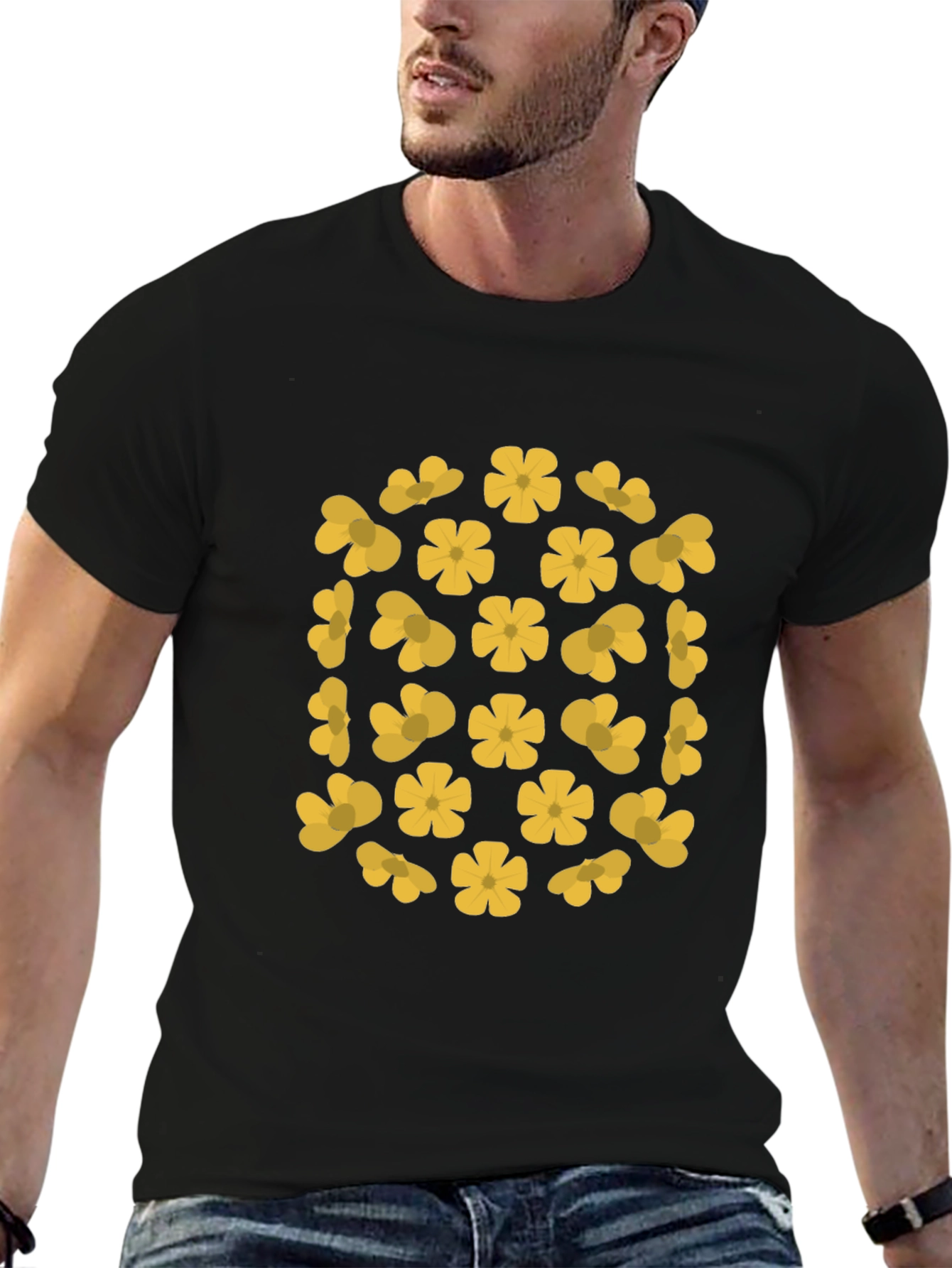 Black T-Shirt with Yellow Flower Pattern