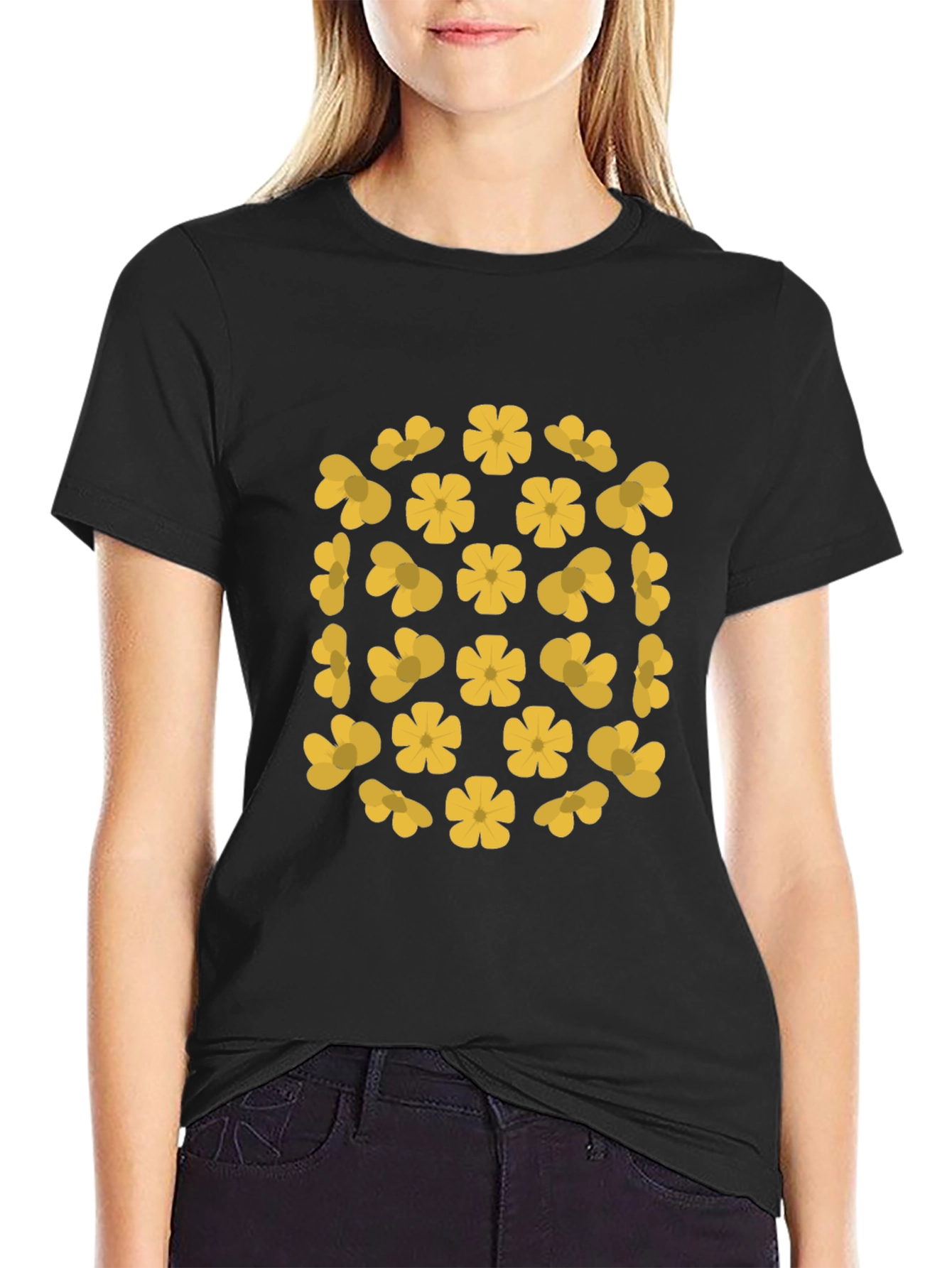 Black T-Shirt with Yellow Flower Pattern