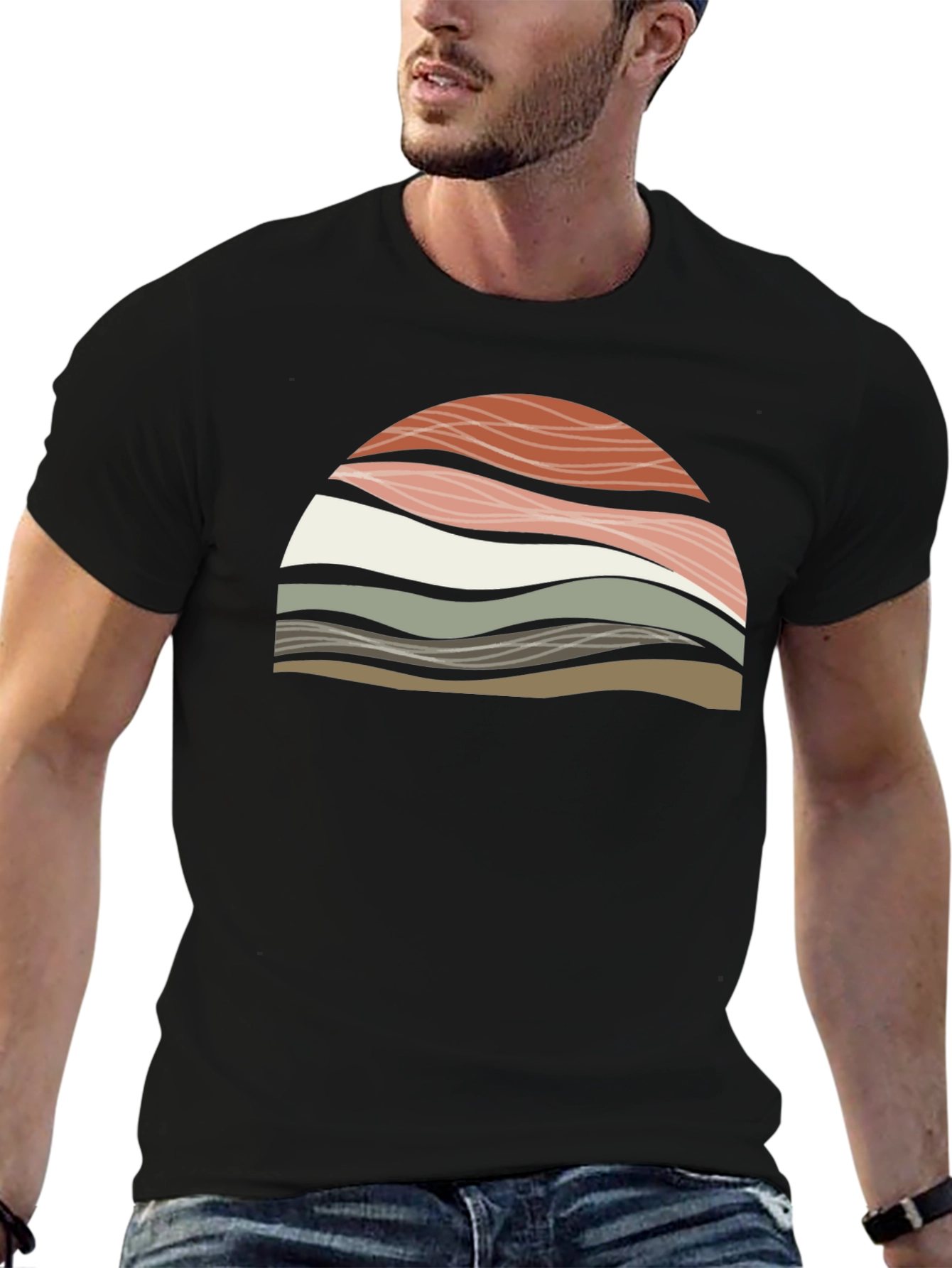 Abstract Wavy Graphic Print T-Shirt - Black