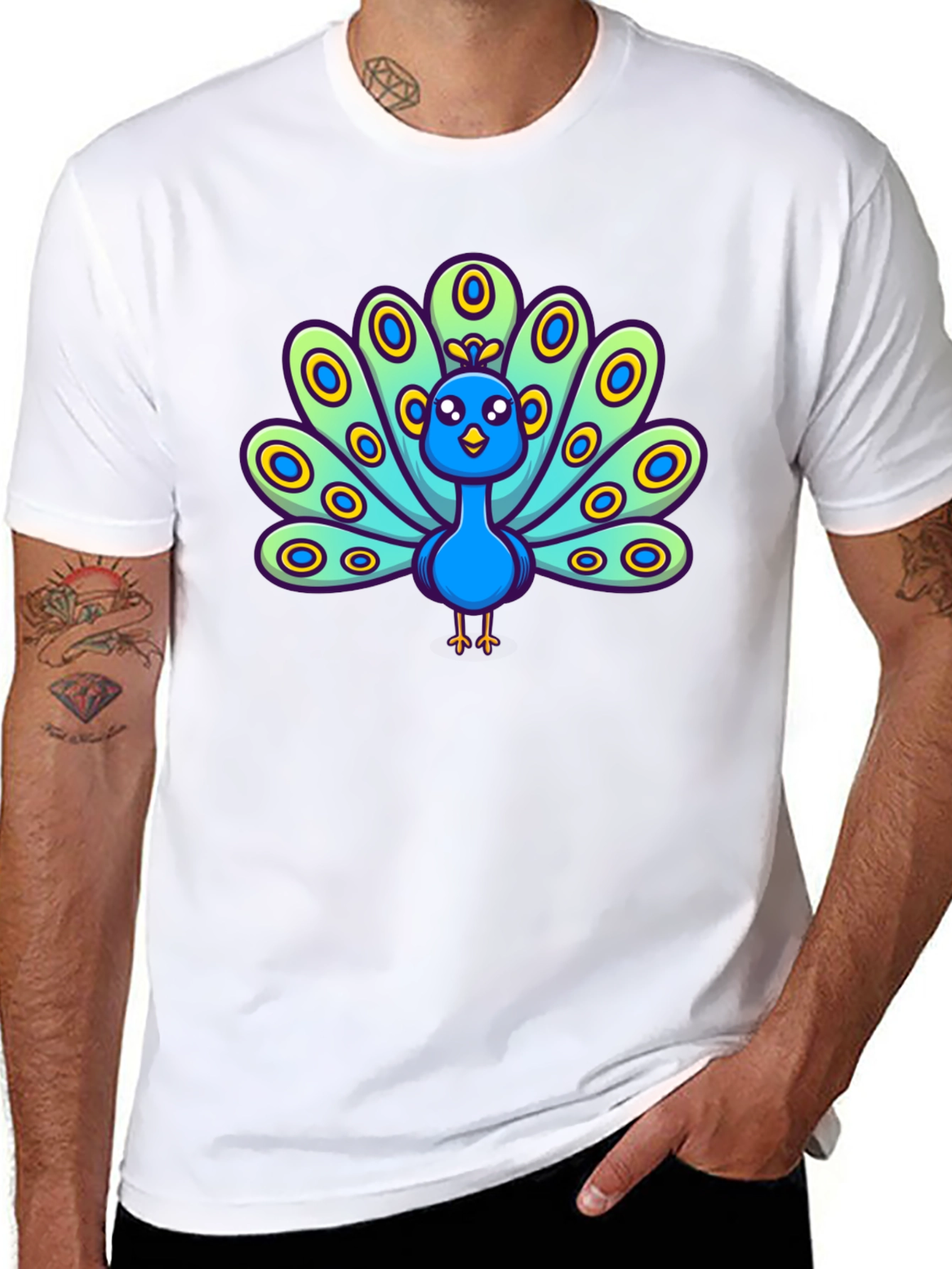 Cartoon Peacock Graphic Tee - Black