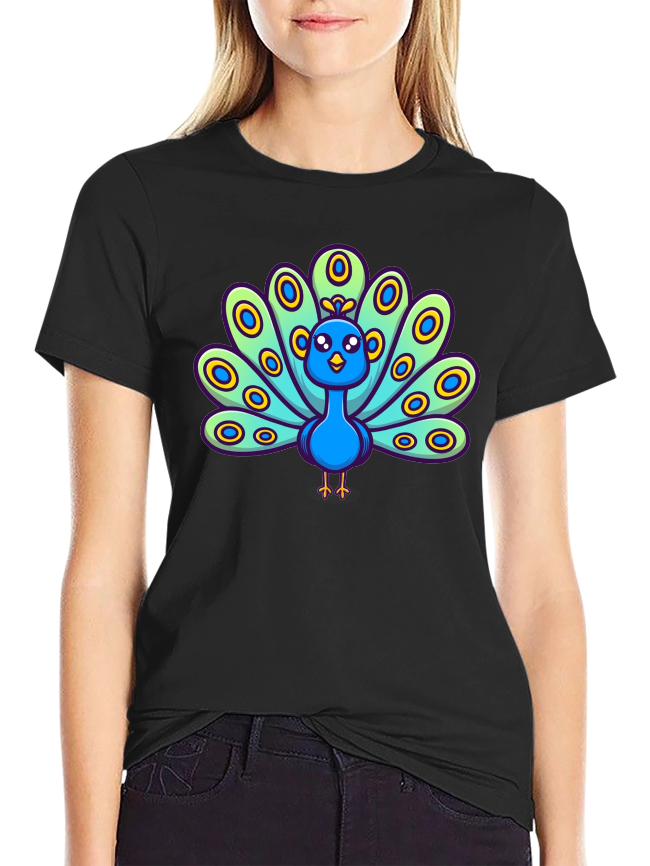 Cartoon Peacock Graphic Tee - Black