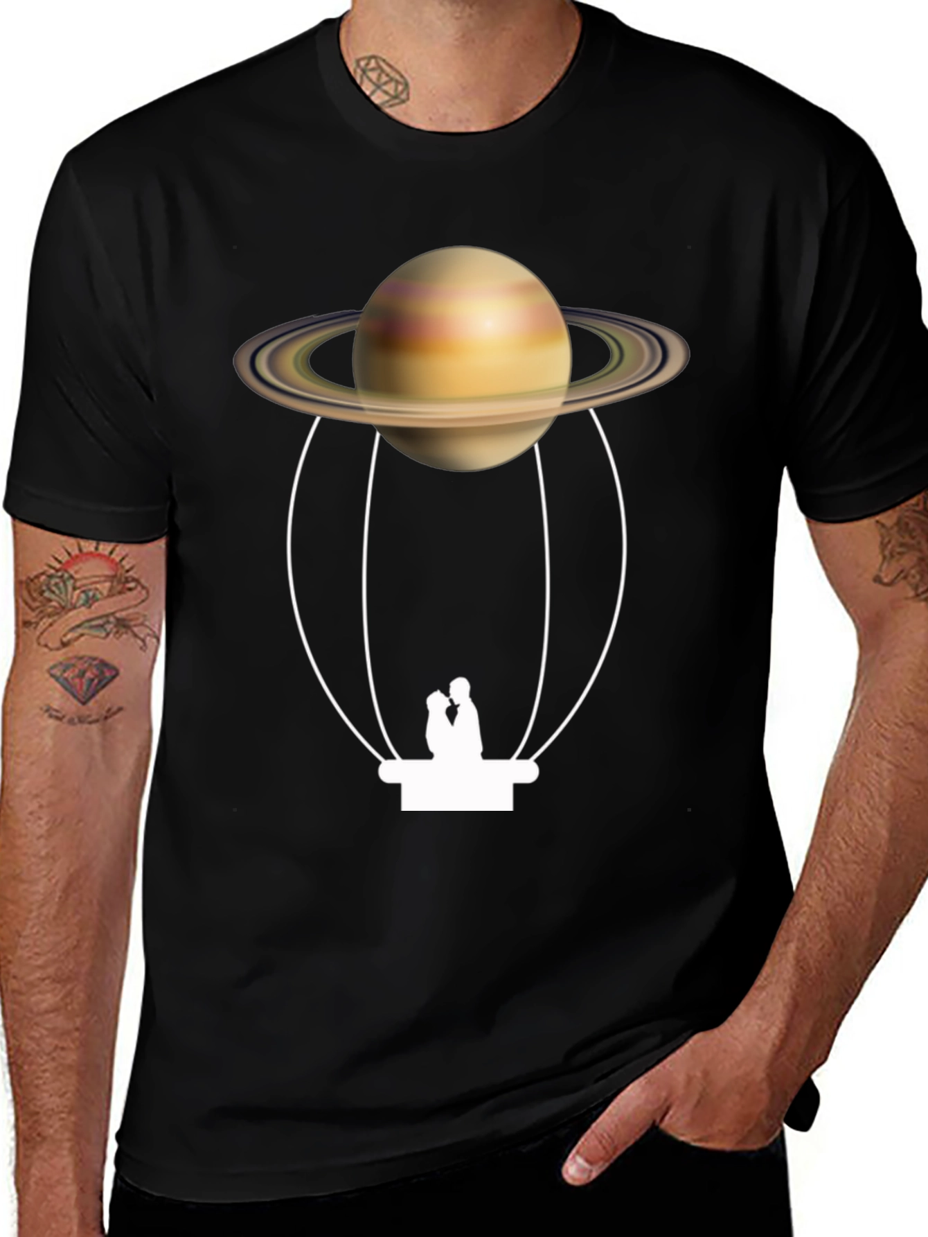 Saturn Hot Air Balloon Black T-Shirt