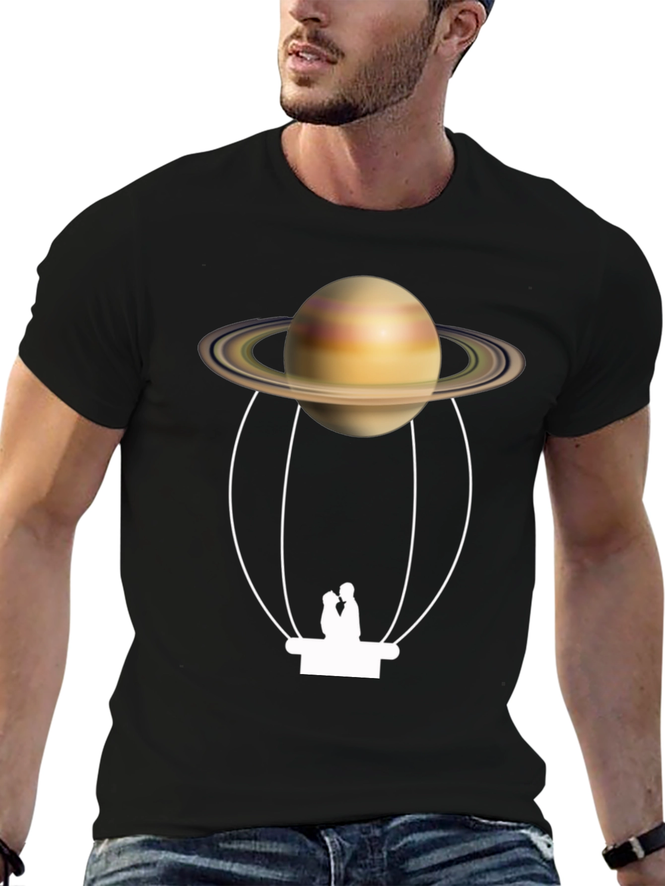 Saturn Hot Air Balloon Black T-Shirt