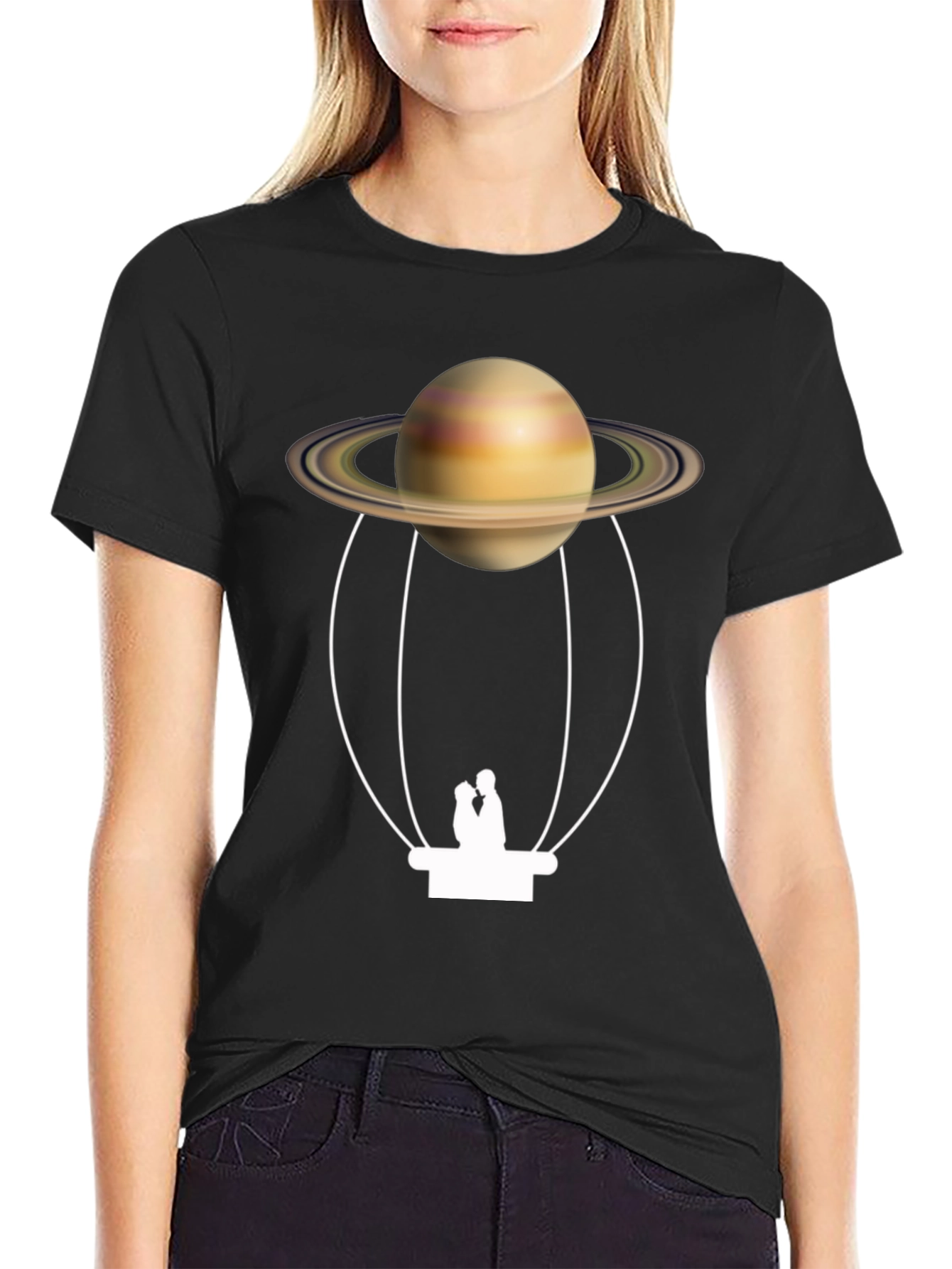 Saturn Hot Air Balloon Black T-Shirt