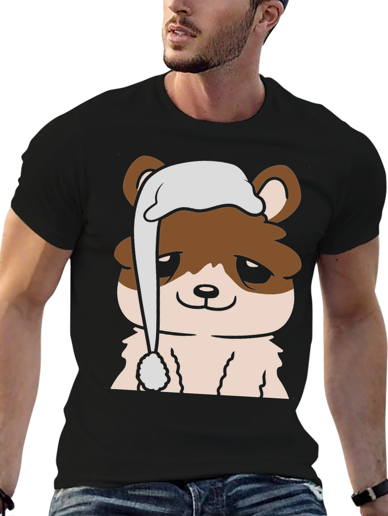 Cute Cartoon Bear with Sleep Hat Mens Black T-Shirt