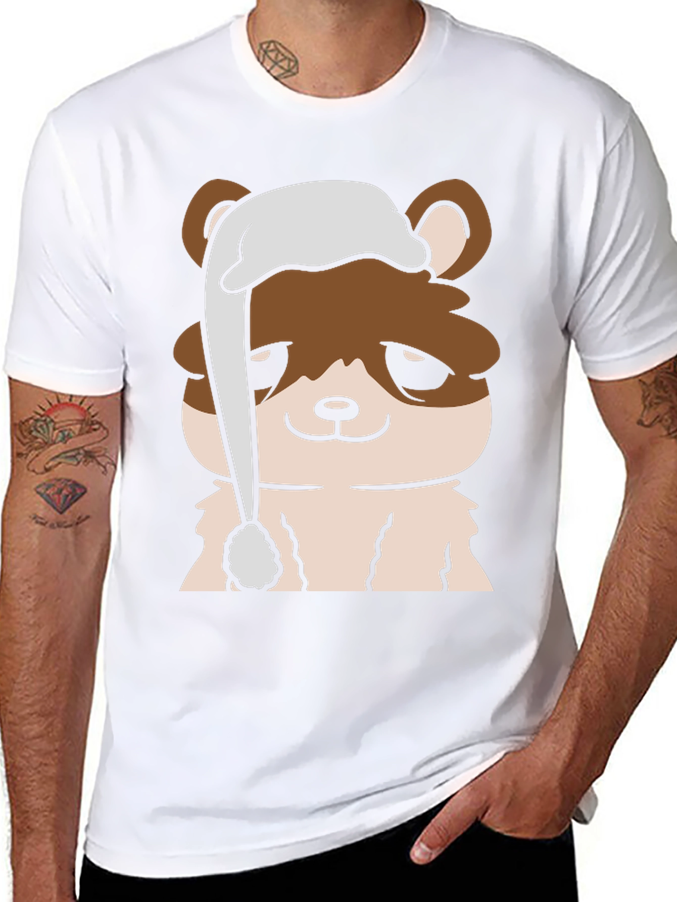 Cute Cartoon Bear with Sleep Hat Mens Black T-Shirt
