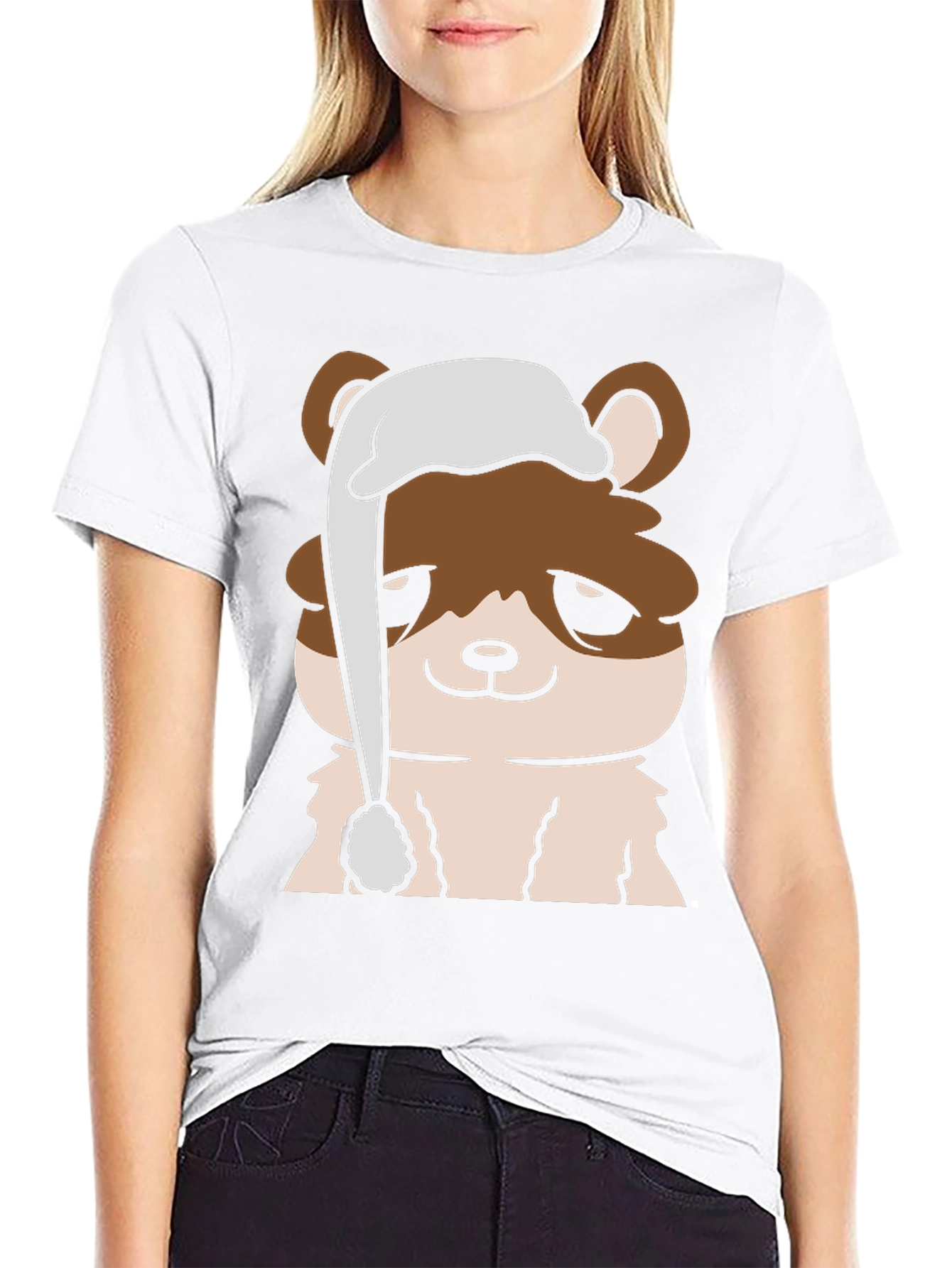 Cute Cartoon Bear with Sleep Hat Mens Black T-Shirt