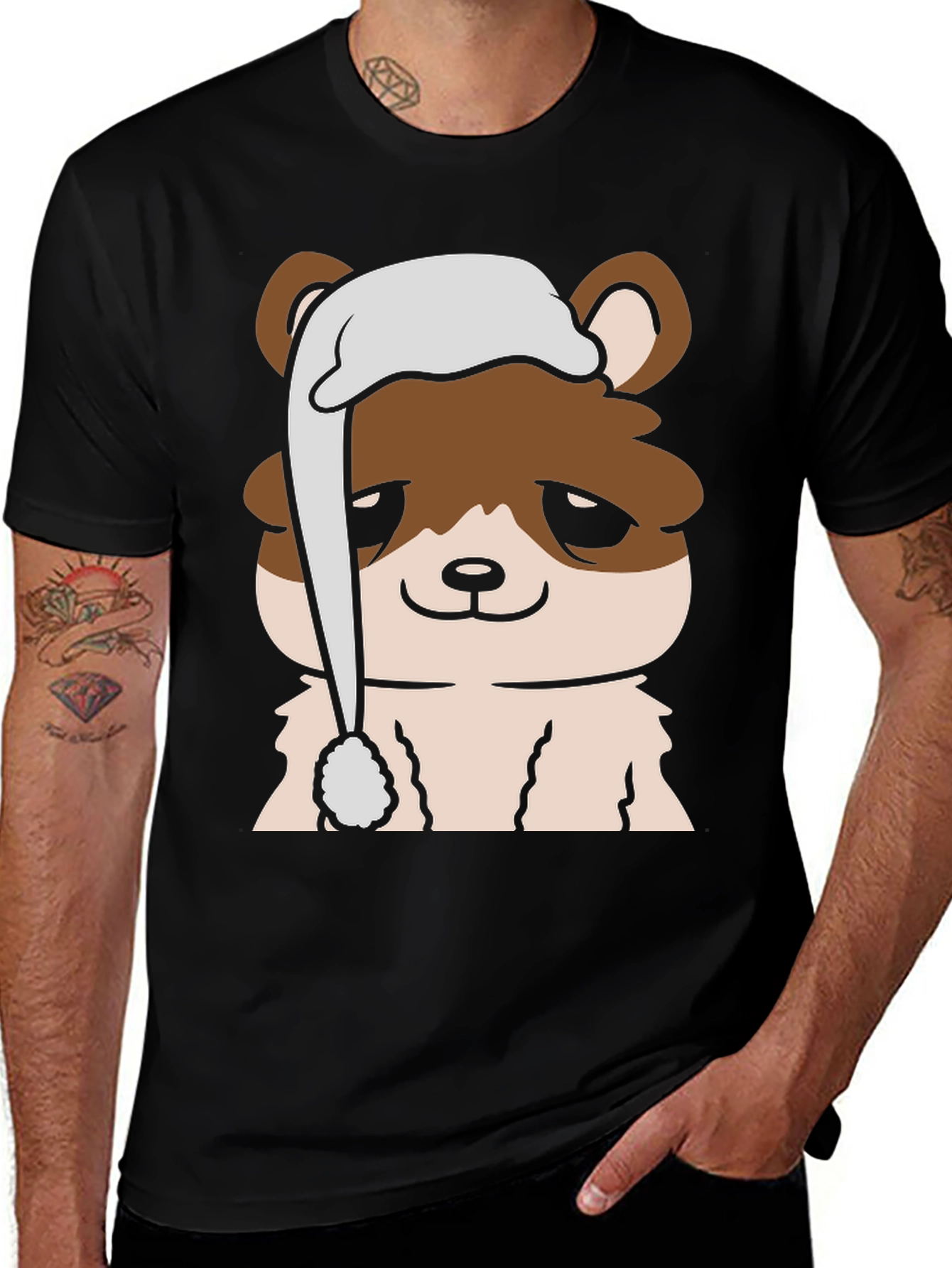 Cute Cartoon Bear with Sleep Hat Mens Black T-Shirt