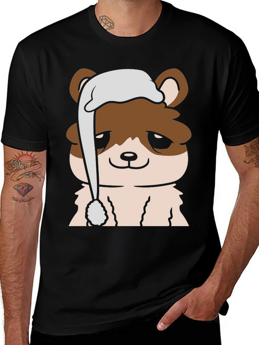 Cute Cartoon Bear with Sleep Hat Mens Black T-Shirt