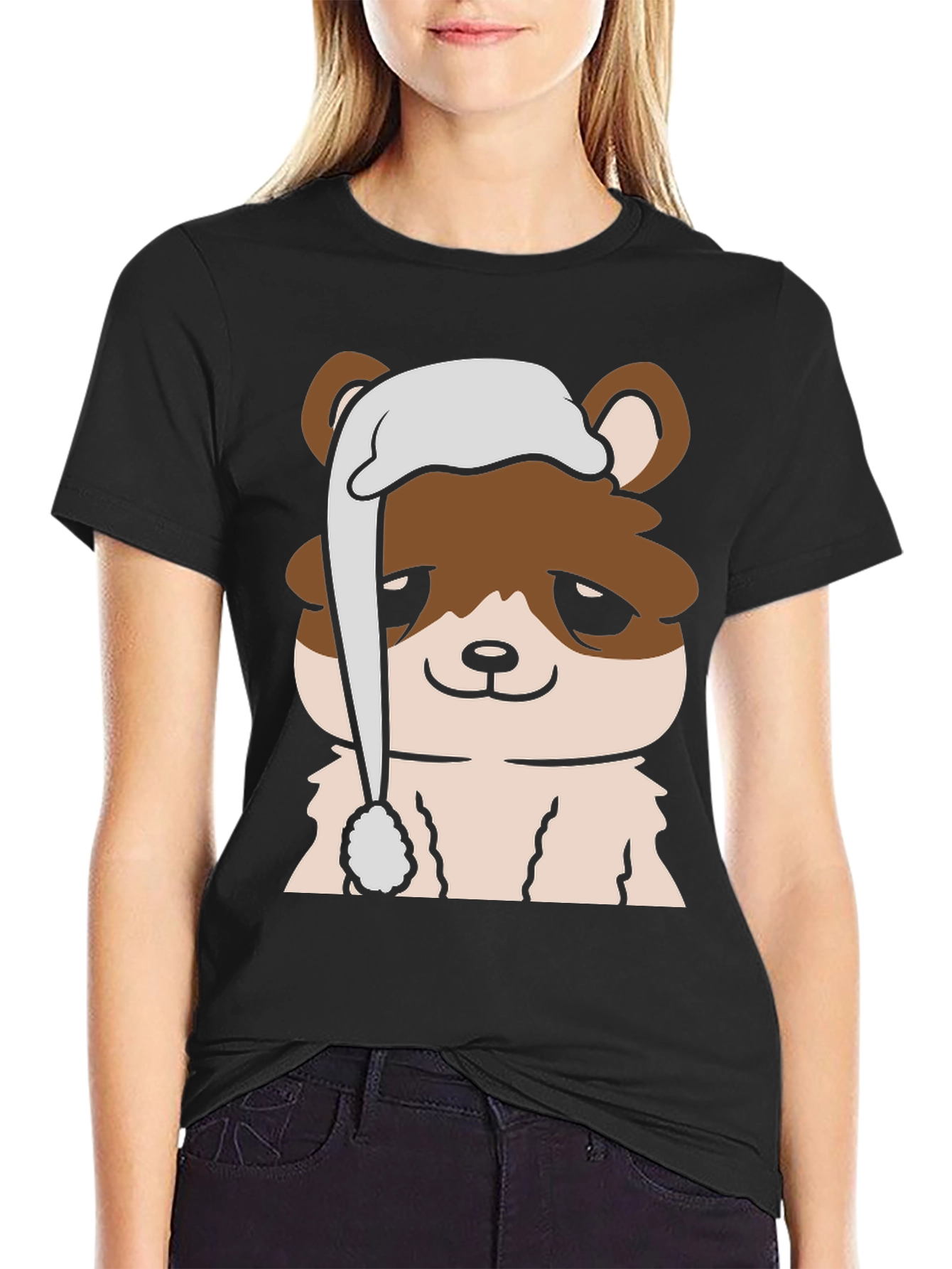 Cute Cartoon Bear with Sleep Hat Mens Black T-Shirt
