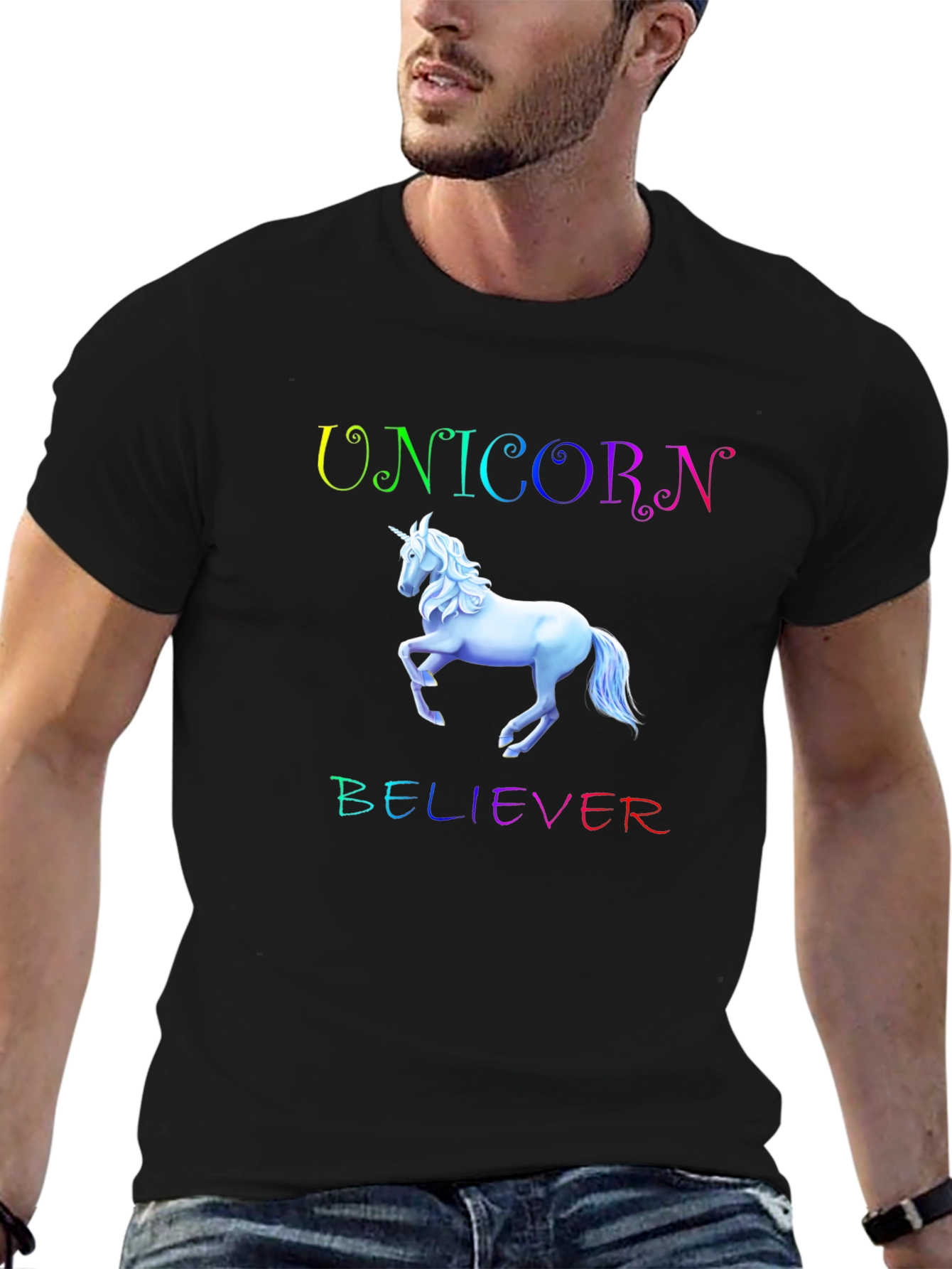 Unicorn Believer Rainbow Text Black T-Shirt