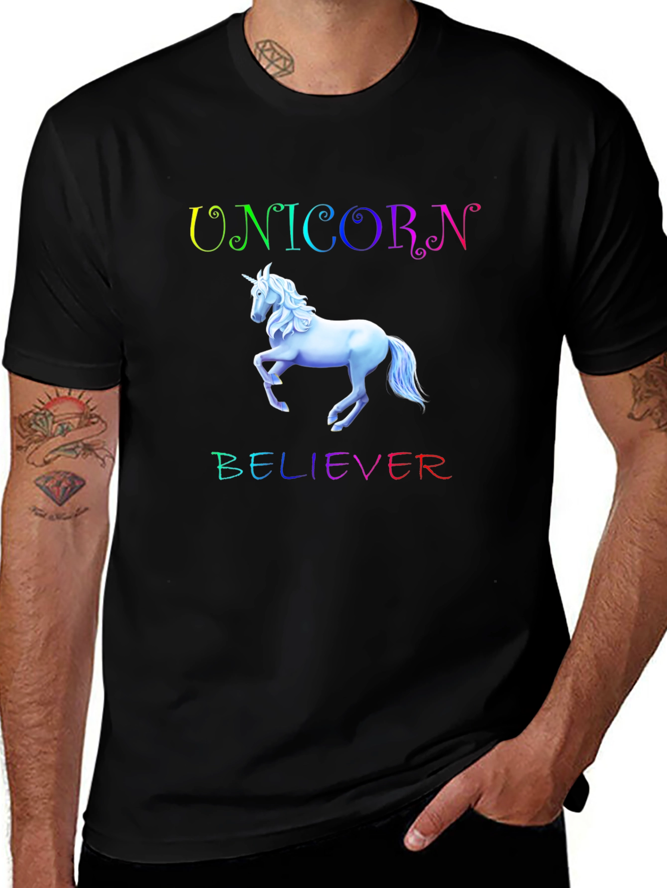 Unicorn Believer Rainbow Text Black T-Shirt