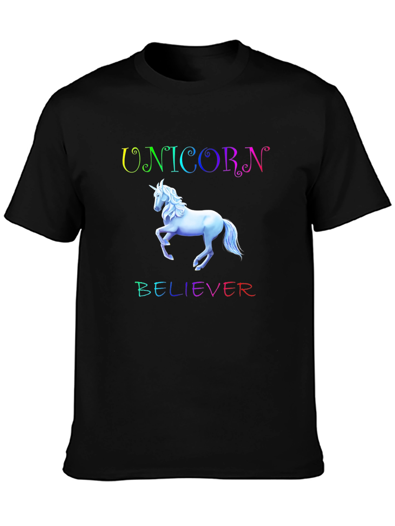 Unicorn Believer Rainbow Text Black T-Shirt