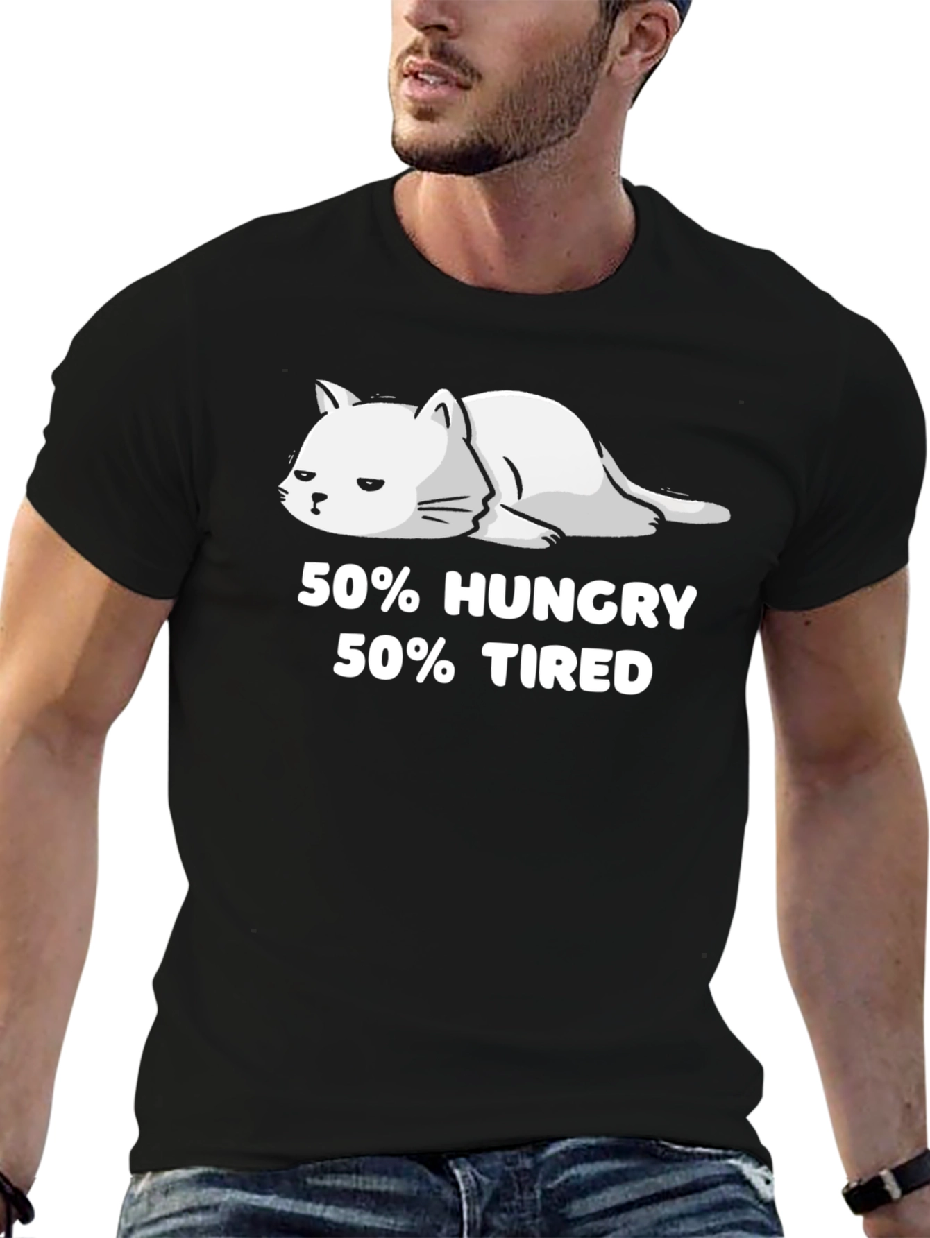 50% Hungry 50% Tired Cat Graphic T-Shirt