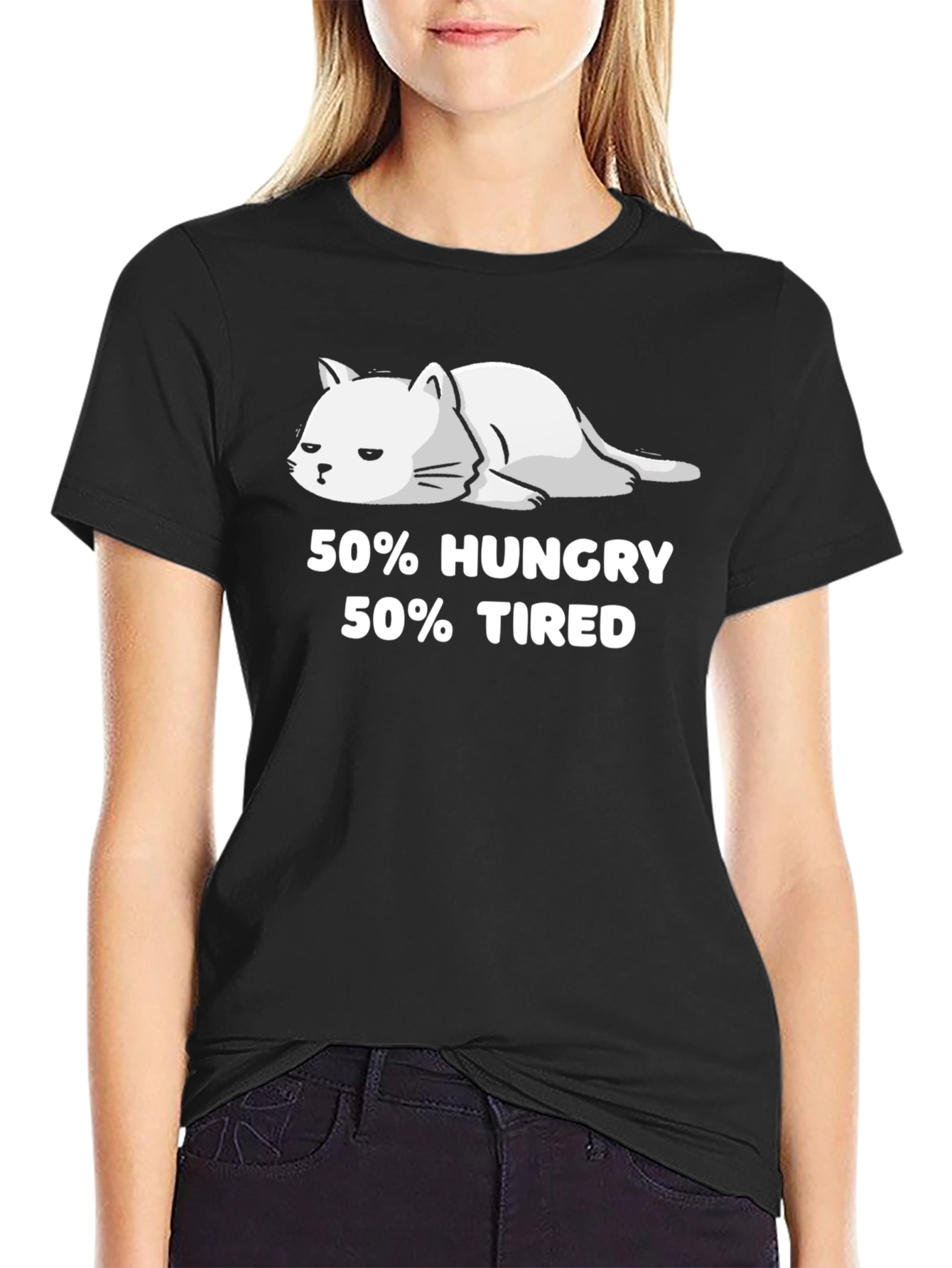 50% Hungry 50% Tired Cat Graphic T-Shirt