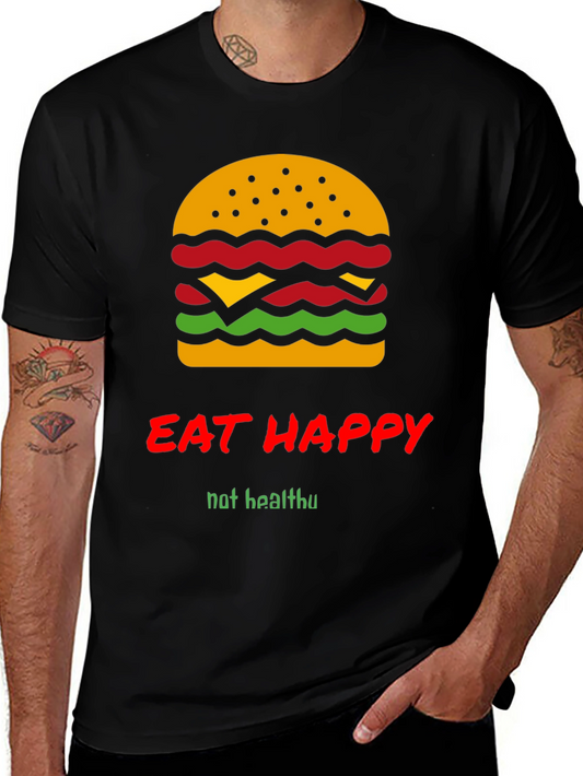 Eat Happy Burger Graphic Tee - Black Crew Neck T-Shirt