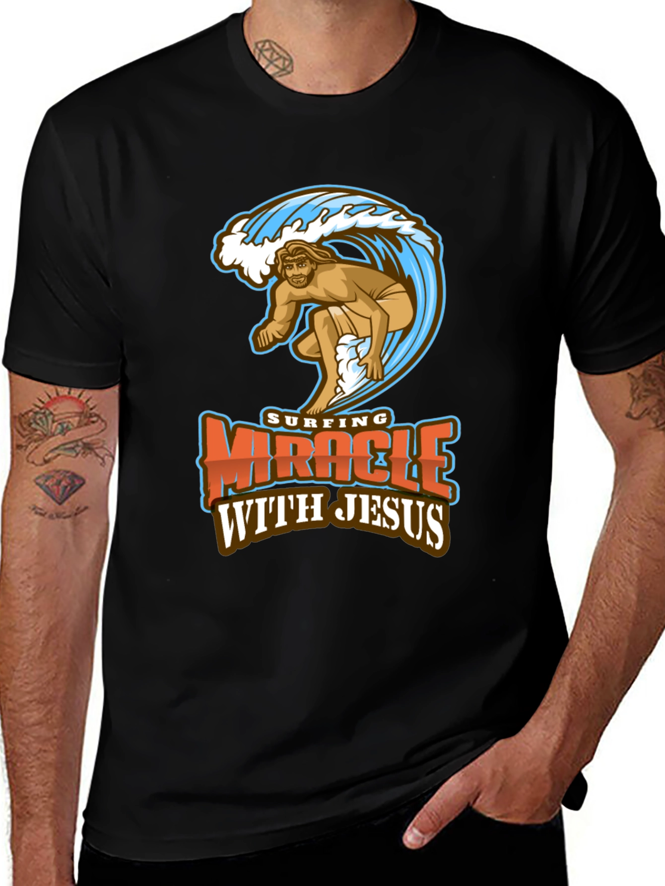 Surfing Miracle with Jesus Graphic T-Shirt