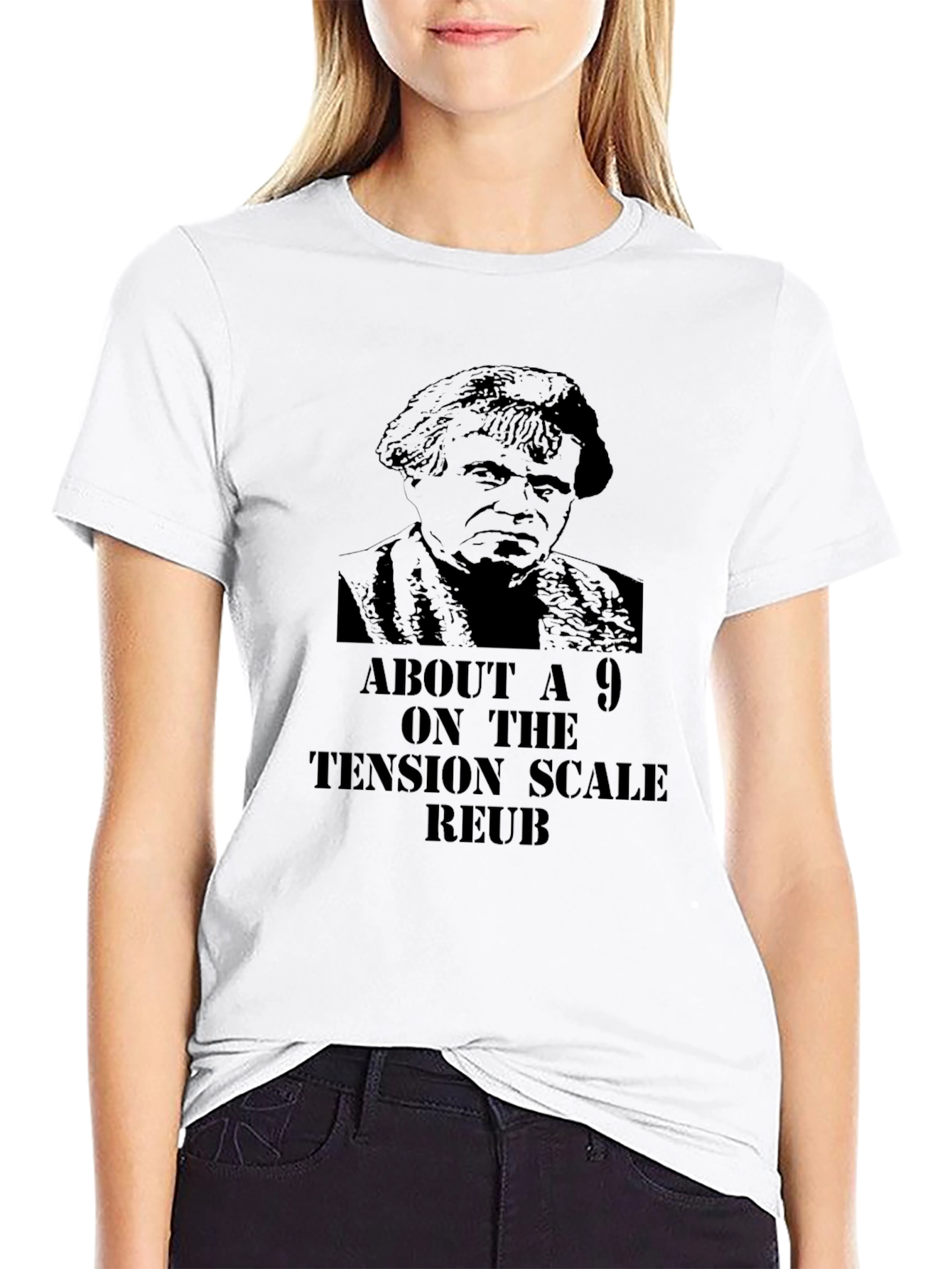About a 9 Tension Scale Reuben Black T-Shirt