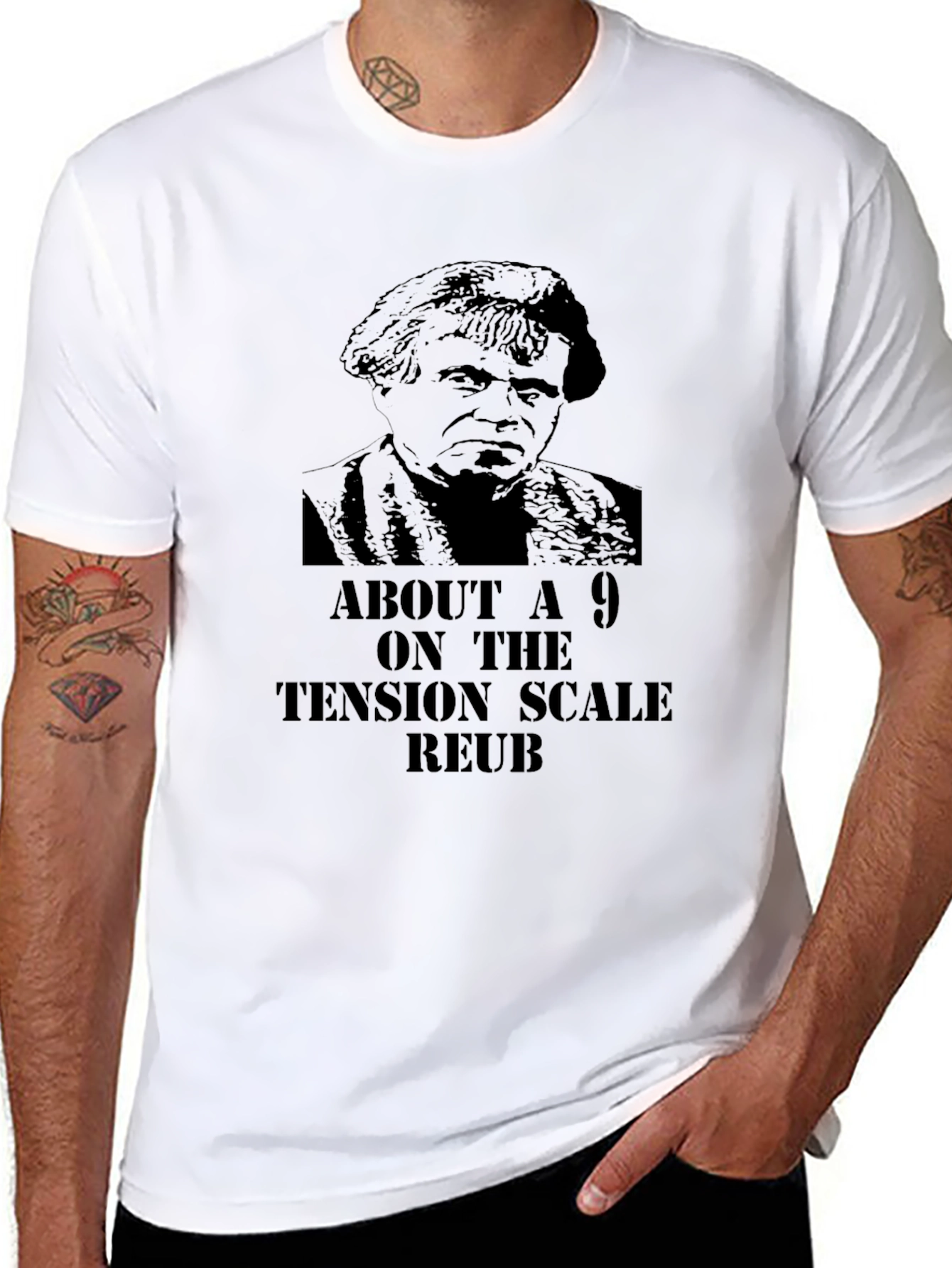 About a 9 Tension Scale Reuben Black T-Shirt
