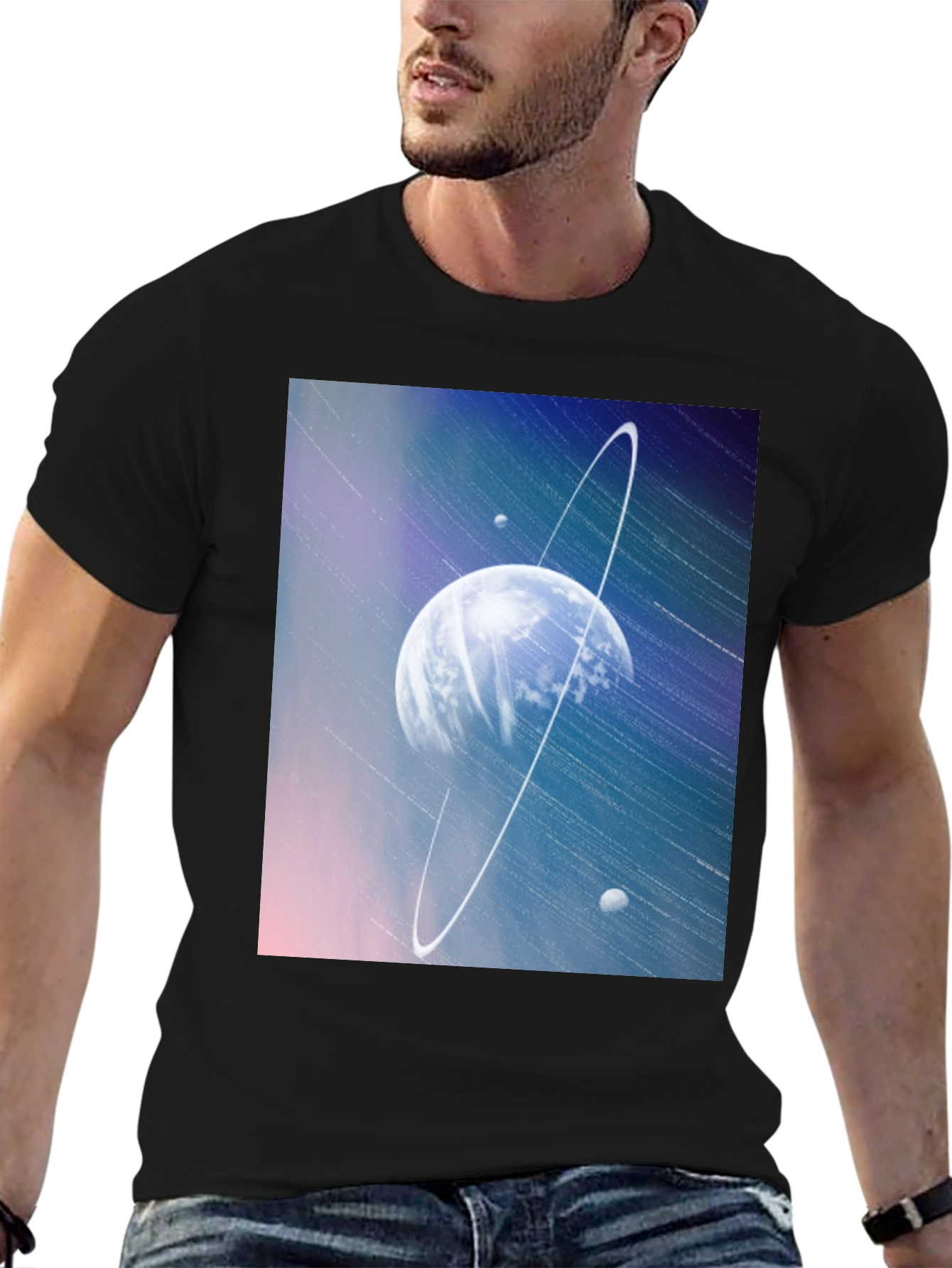 Cosmic Planet Graphic Tee - Black Casual T-Shirt