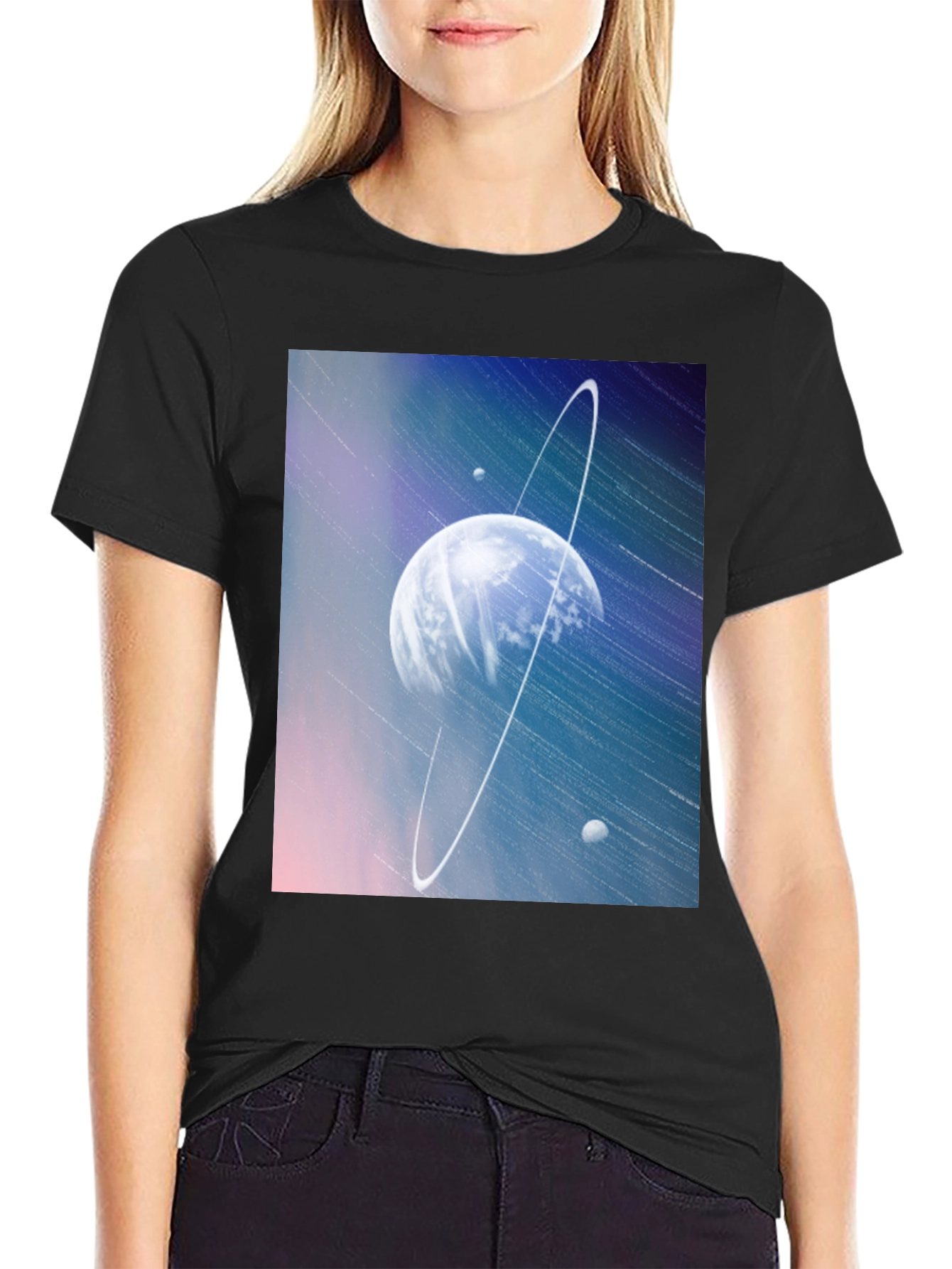 Cosmic Planet Graphic Tee - Black Casual T-Shirt