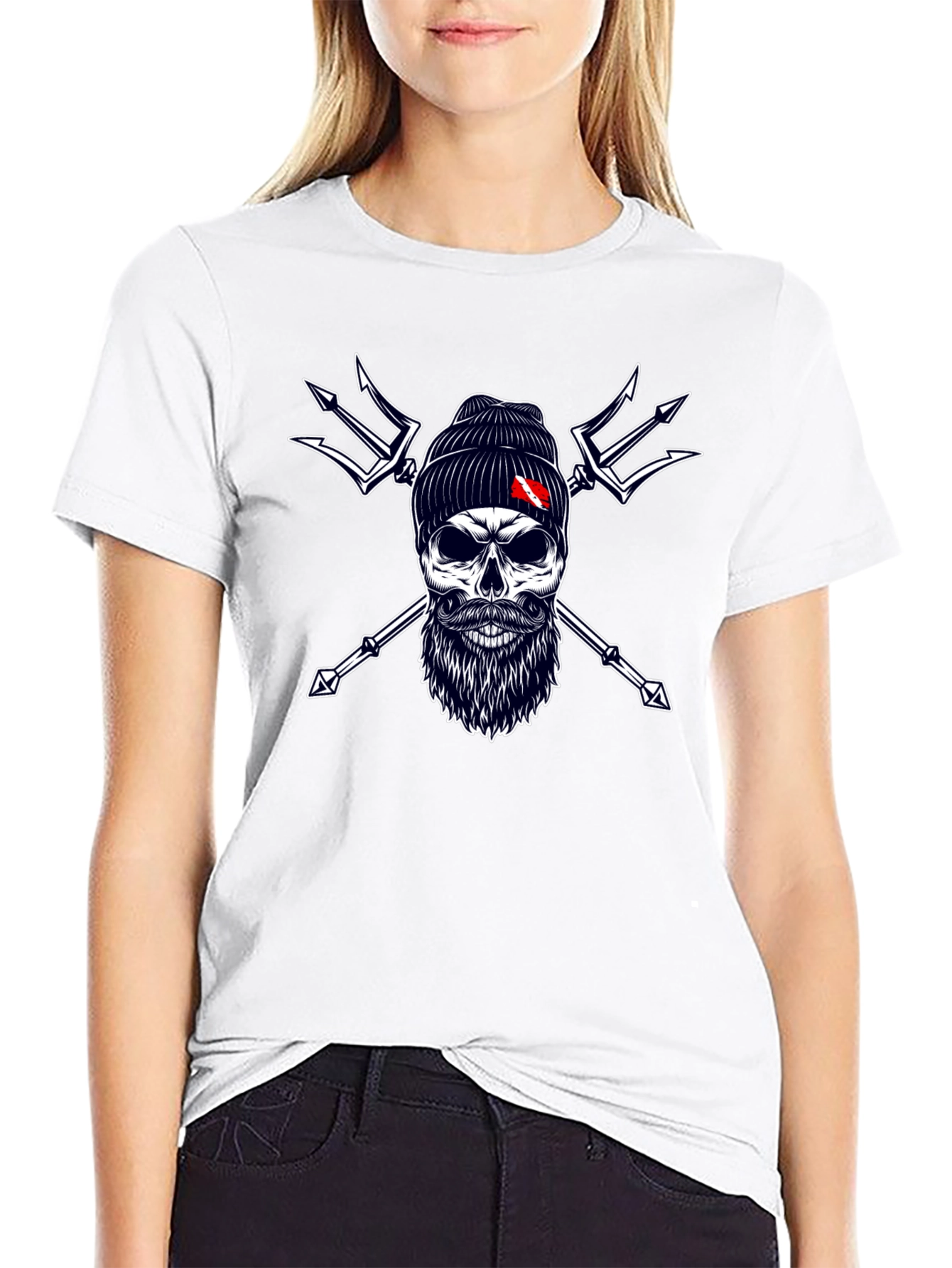 Diver Skull & Trident Graphic Tee - Black Cotton