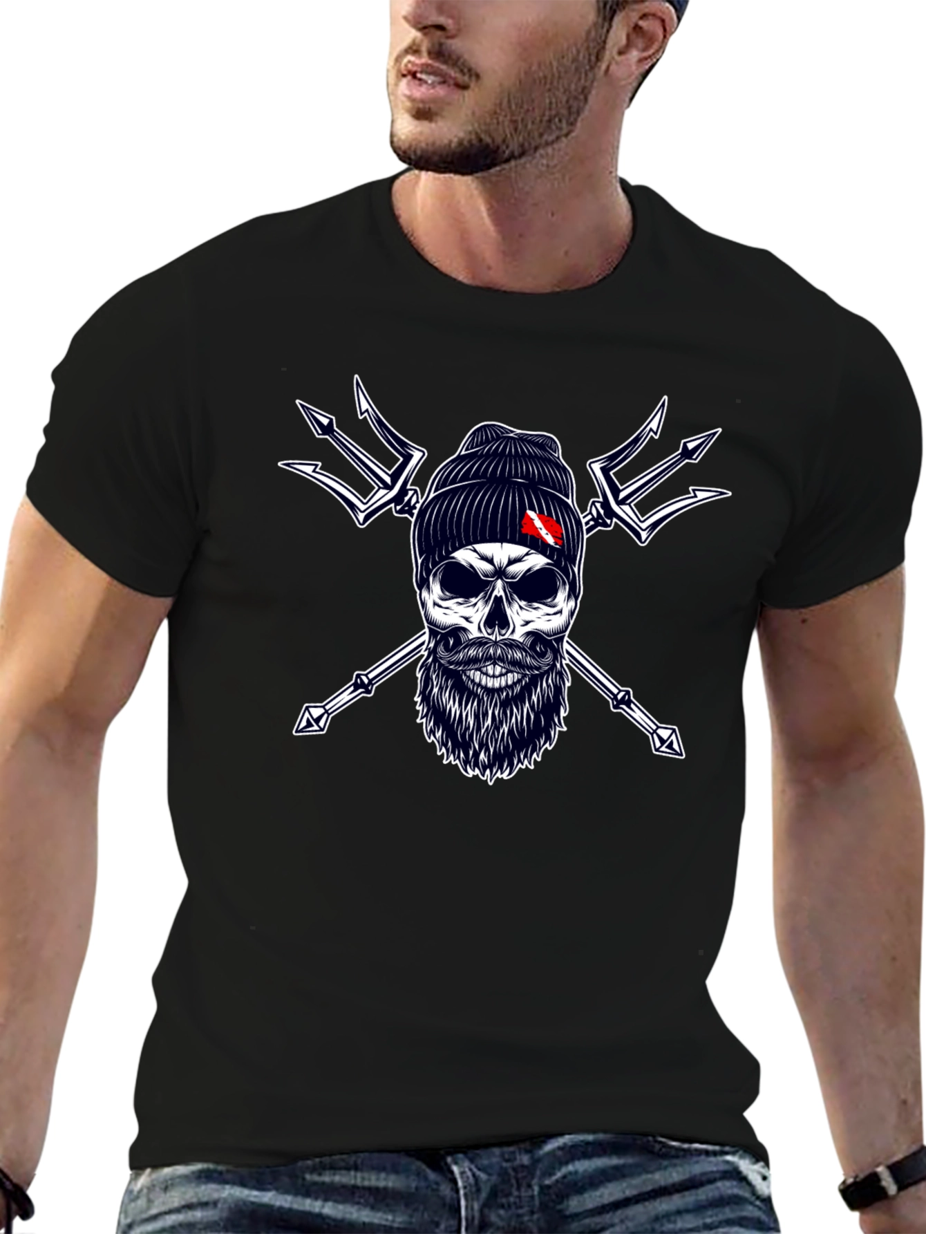 Diver Skull & Trident Graphic Tee - Black Cotton