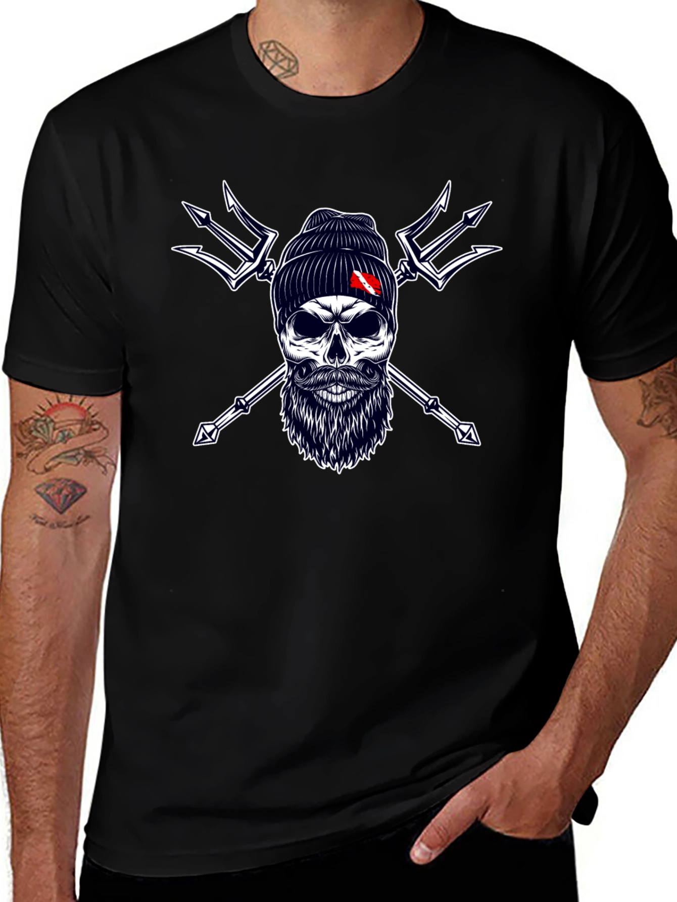 Diver Skull & Trident Graphic Tee - Black Cotton