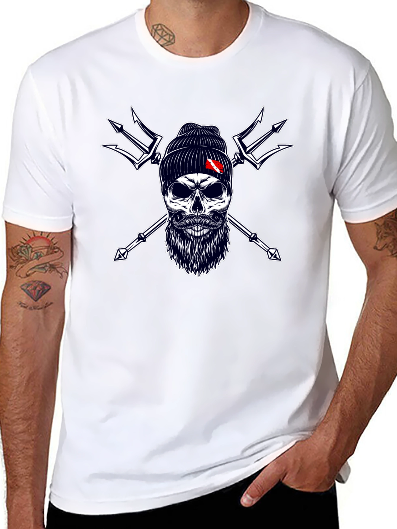 Diver Skull & Trident Graphic Tee - Black Cotton