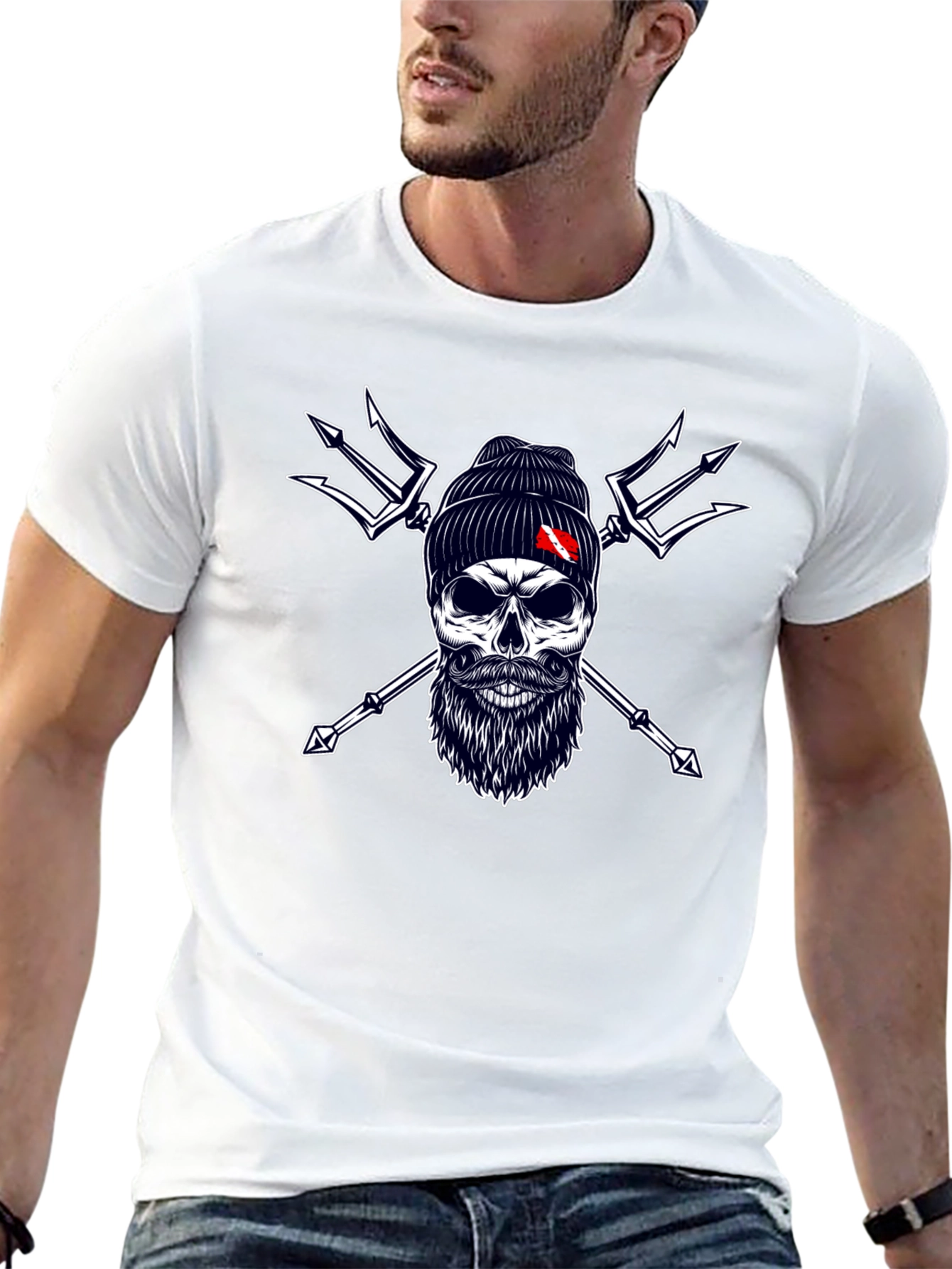 Diver Skull & Trident Graphic Tee - Black Cotton