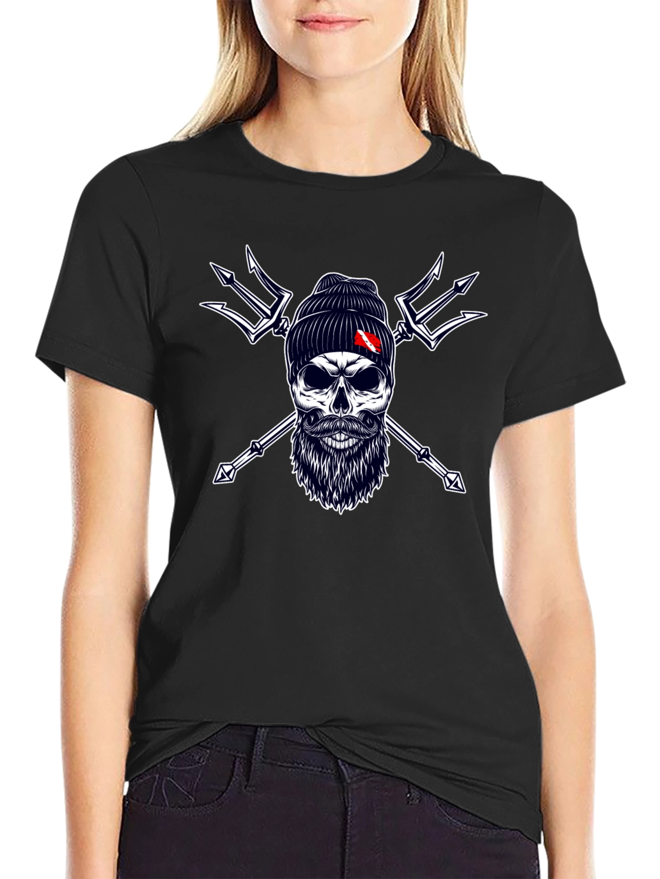 Diver Skull & Trident Graphic Tee - Black Cotton
