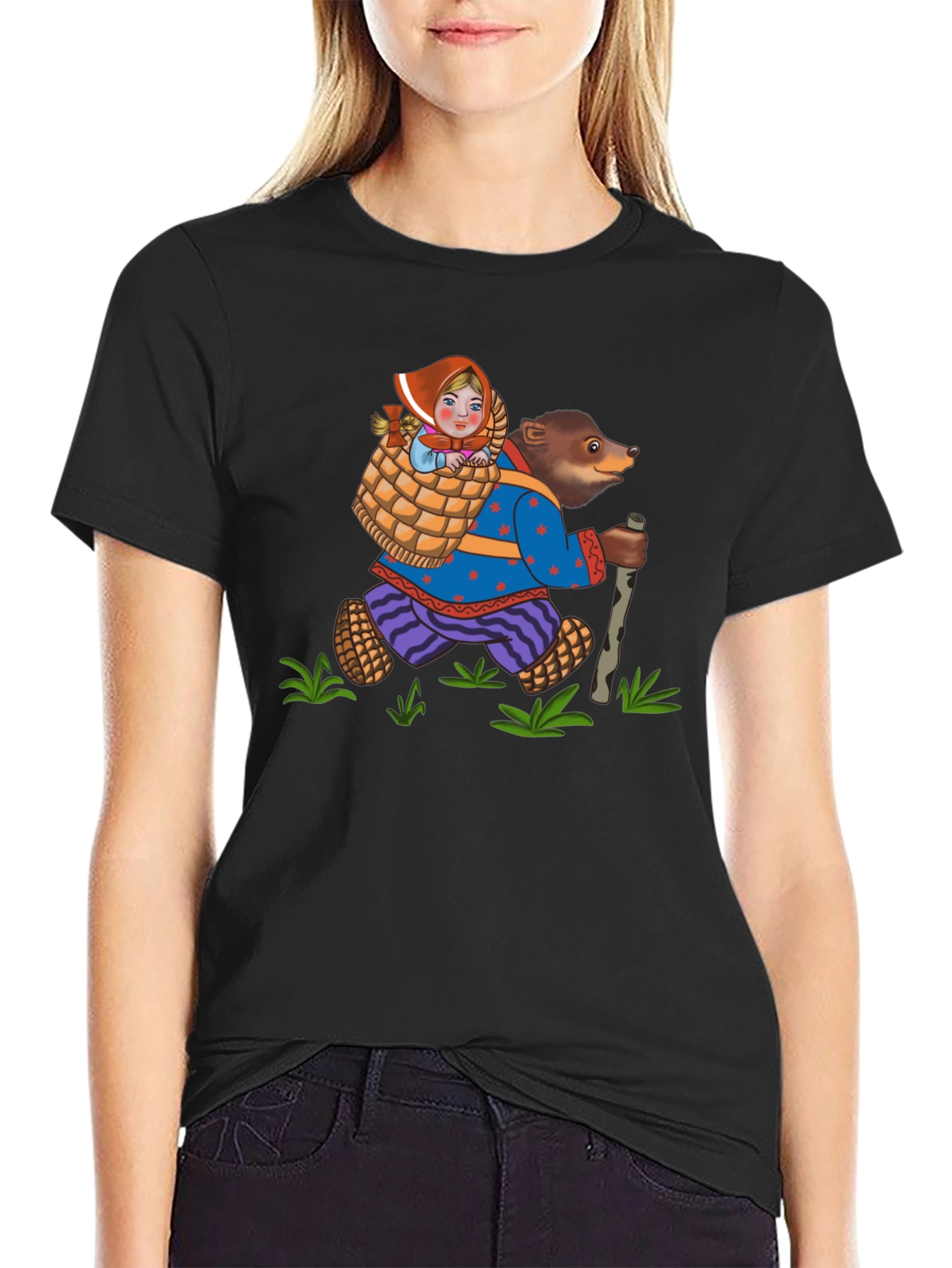 Bear and Girl Cartoon Black T-Shirt