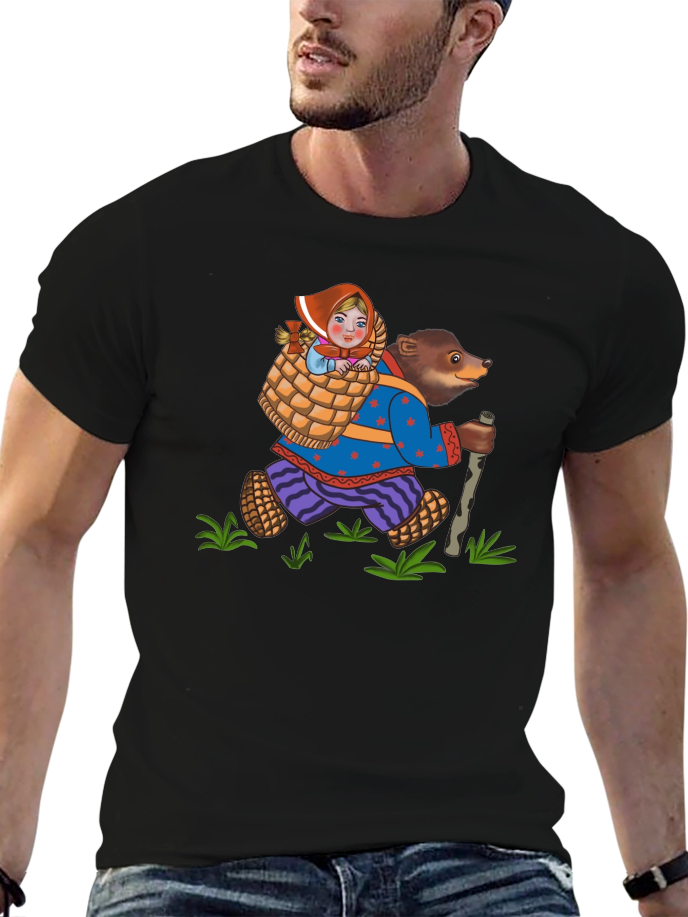 Bear and Girl Cartoon Black T-Shirt