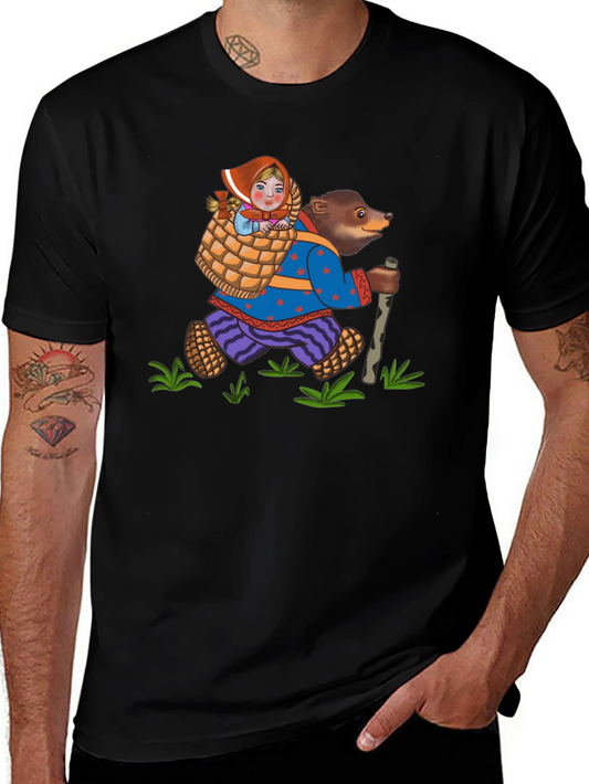 Bear and Girl Cartoon Black T-Shirt