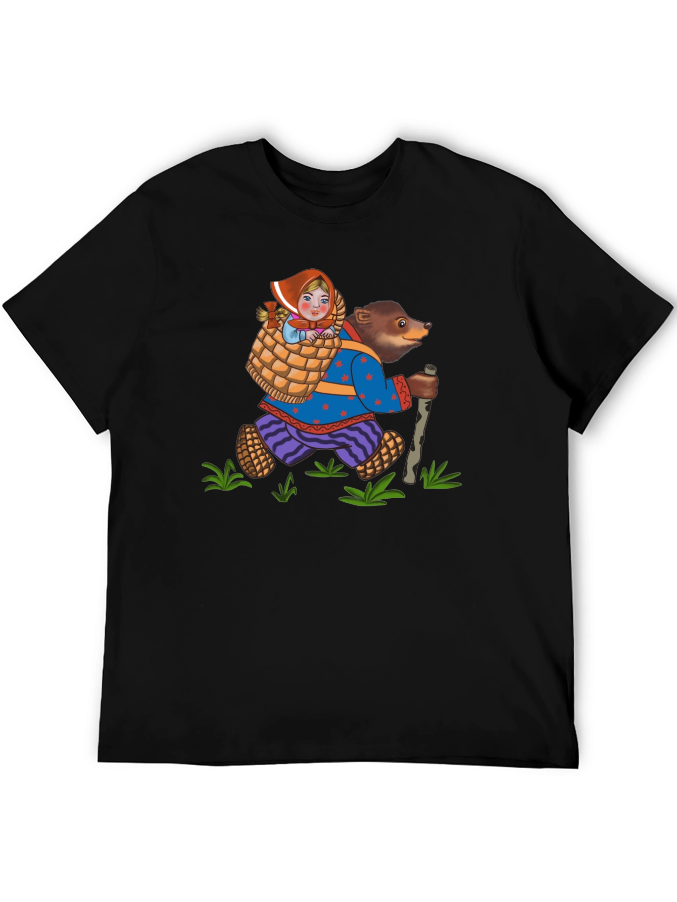 Bear and Girl Cartoon Black T-Shirt