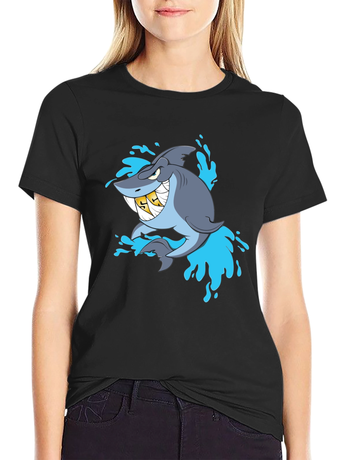 Shark with Gold Teeth Graphic Black T-Shirt