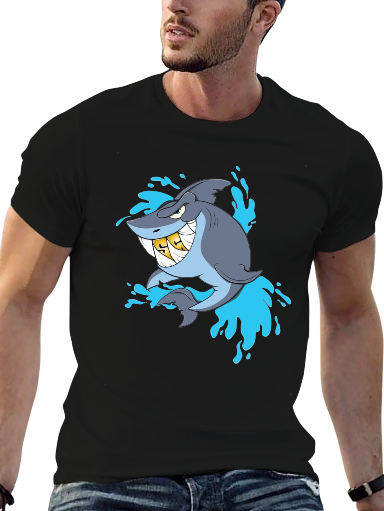 Shark with Gold Teeth Graphic Black T-Shirt