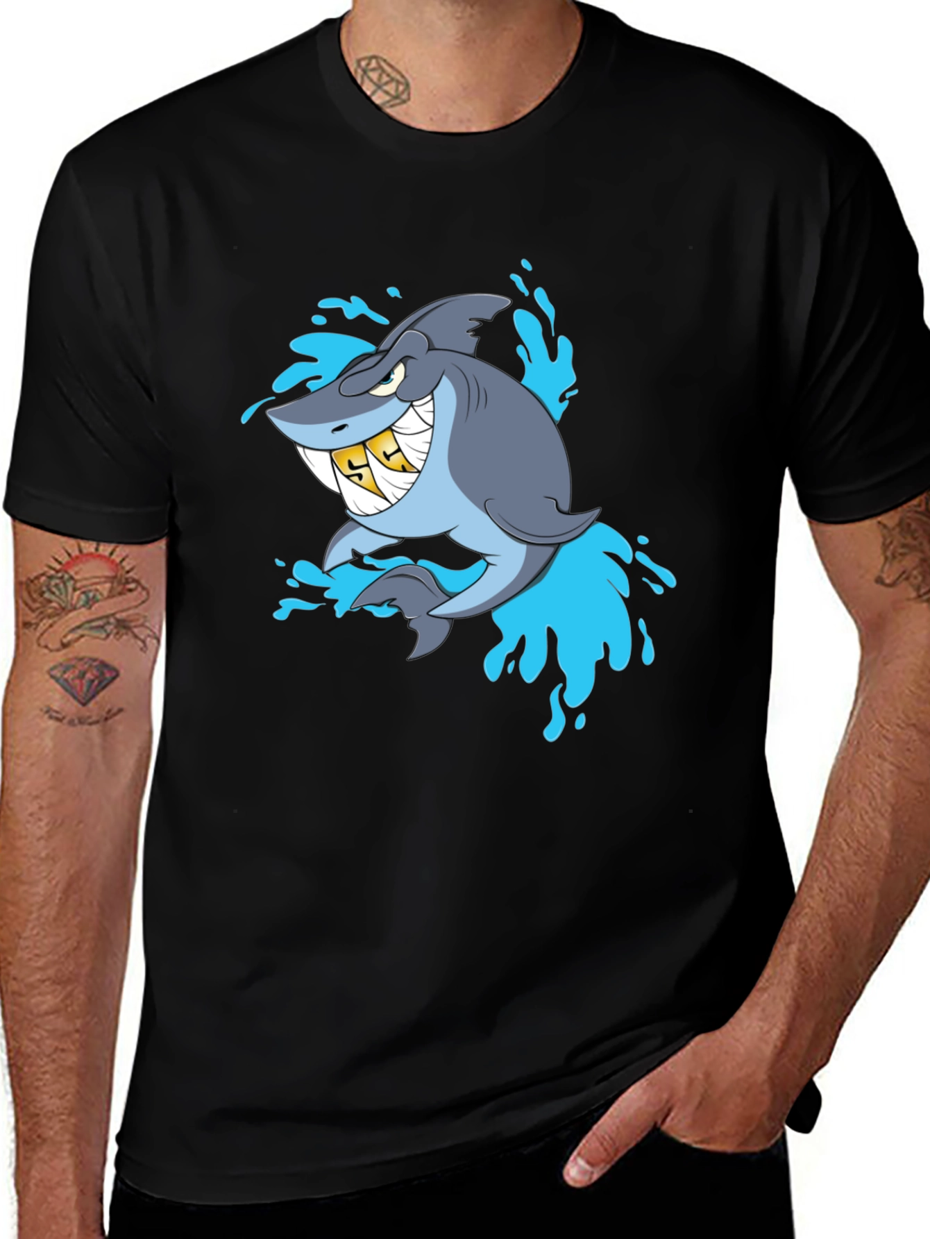 Shark with Gold Teeth Graphic Black T-Shirt