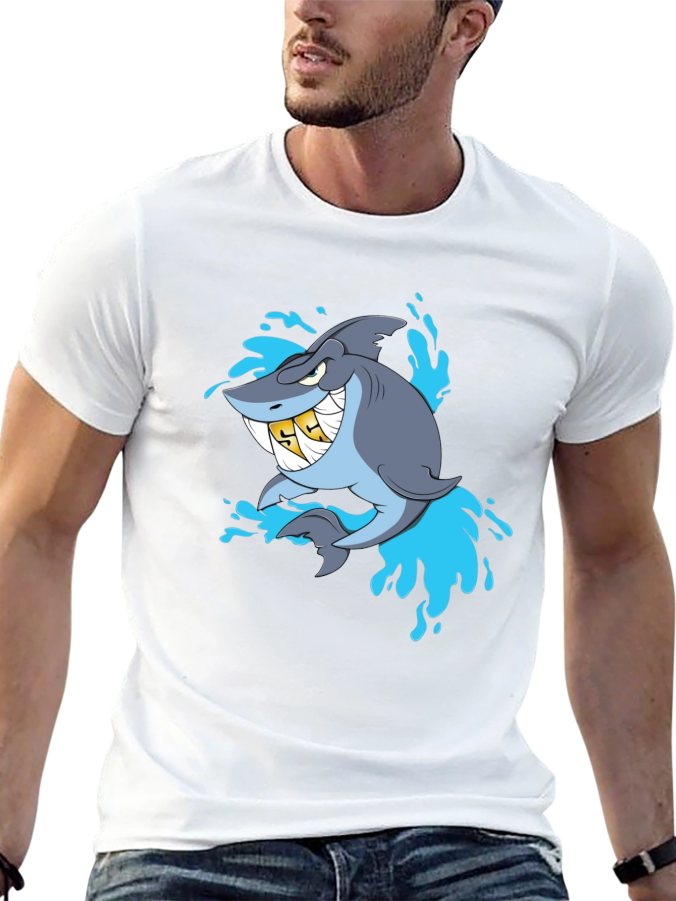Shark with Gold Teeth Graphic Black T-Shirt